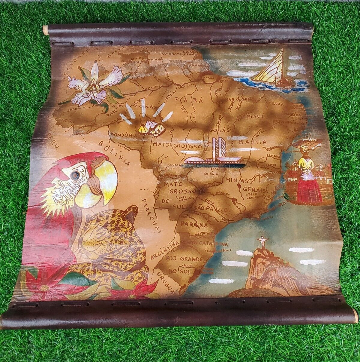 VTG Leather Map Of Brazil Painted Scroll Wall Hanging With Wooden Dowels