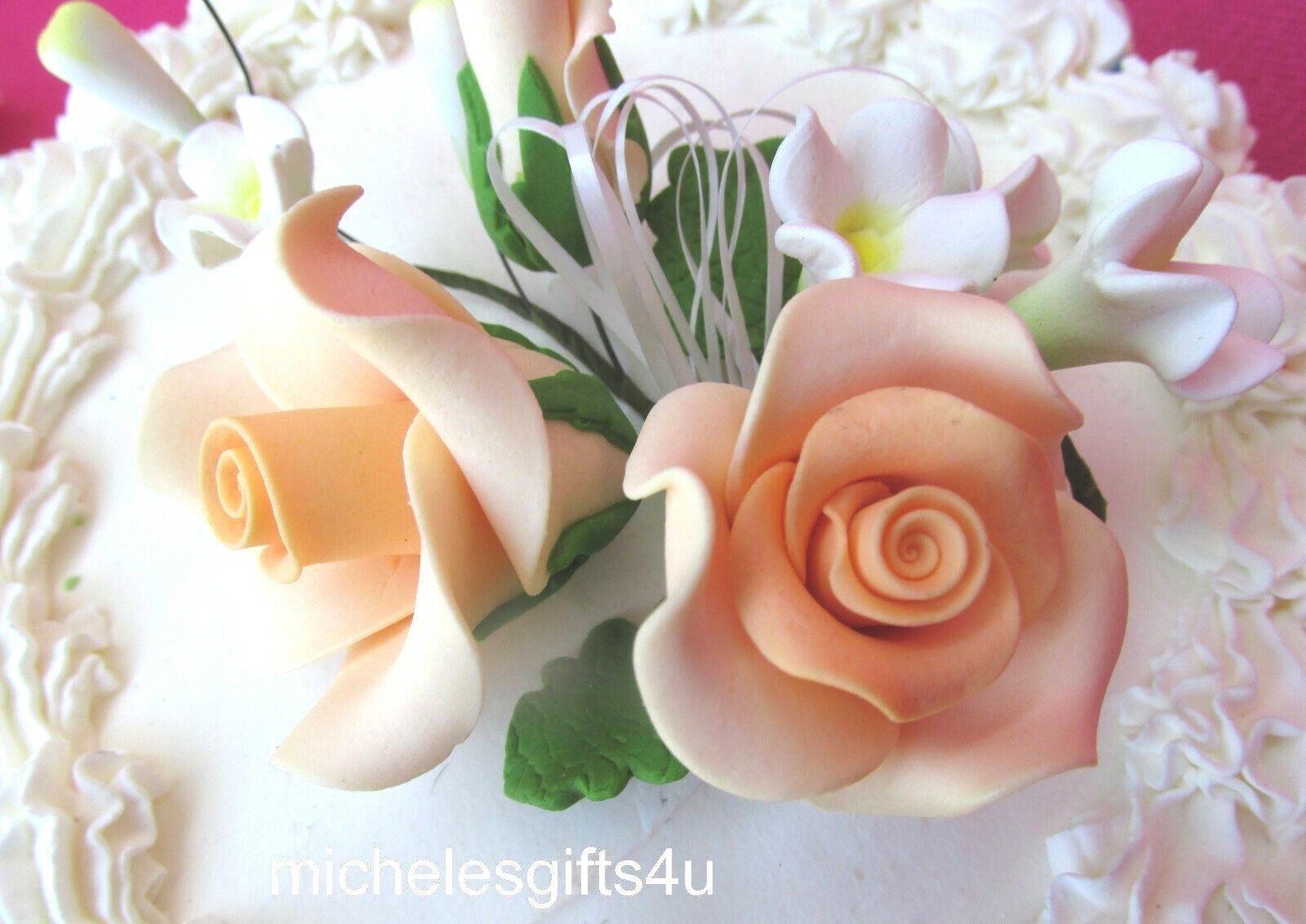Gum Paste Sugar Pastel Peach Orange Roses Rosebuds Leaves & Ribbon Cake Flowers