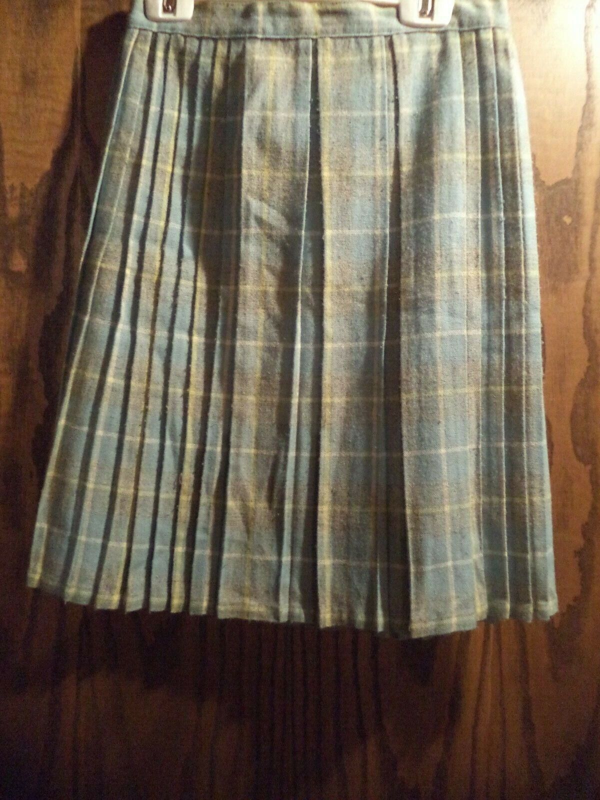 VINTAGE OLD GIRLS WOOL OR WOOL BLEND BLUE AND GREY PLAID SKIRT PROBABLY HOMEMADE