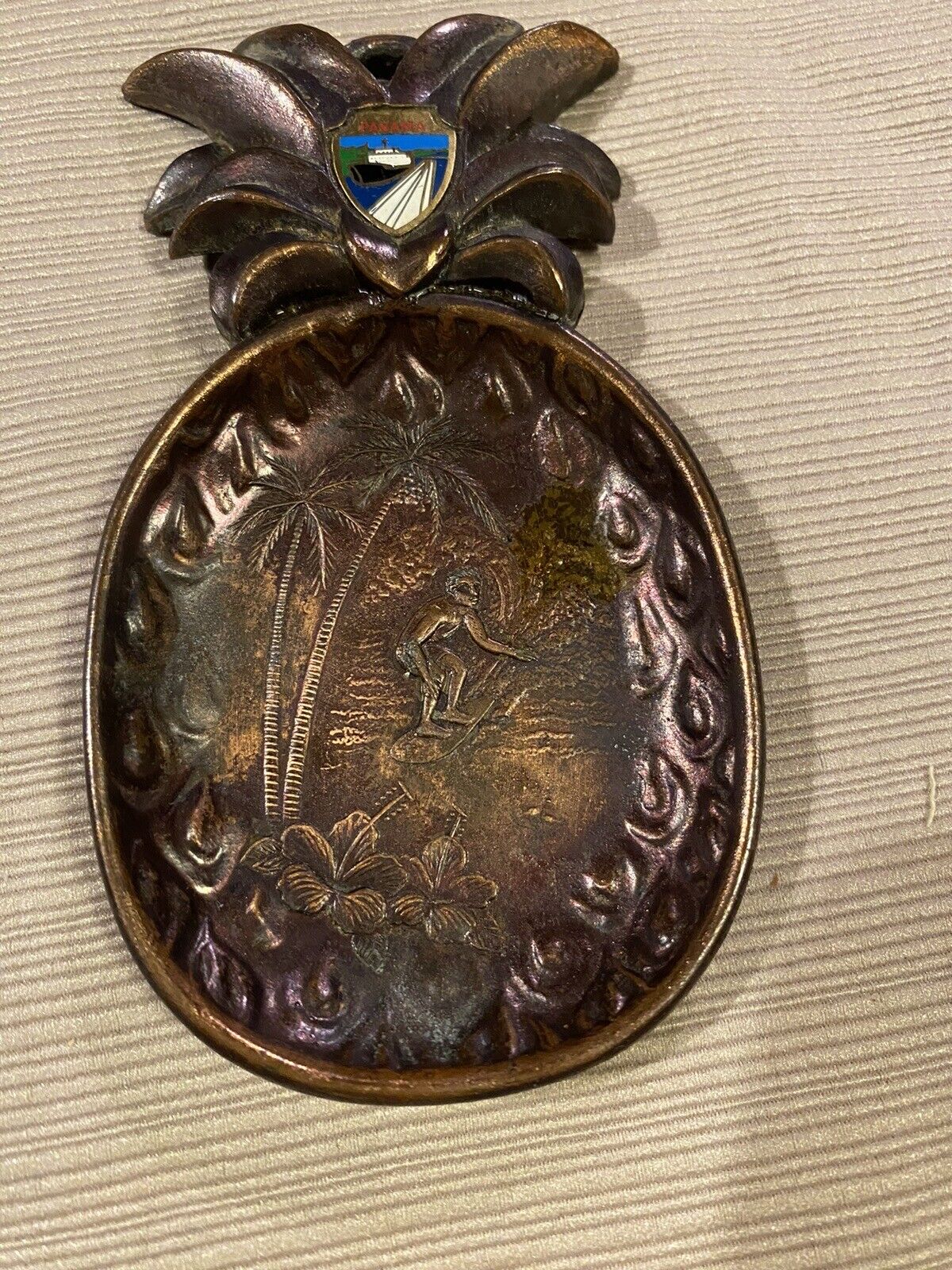 Vintage Copper Panama Souvenir Trinket Dish Ashtray Surfer Pineapple