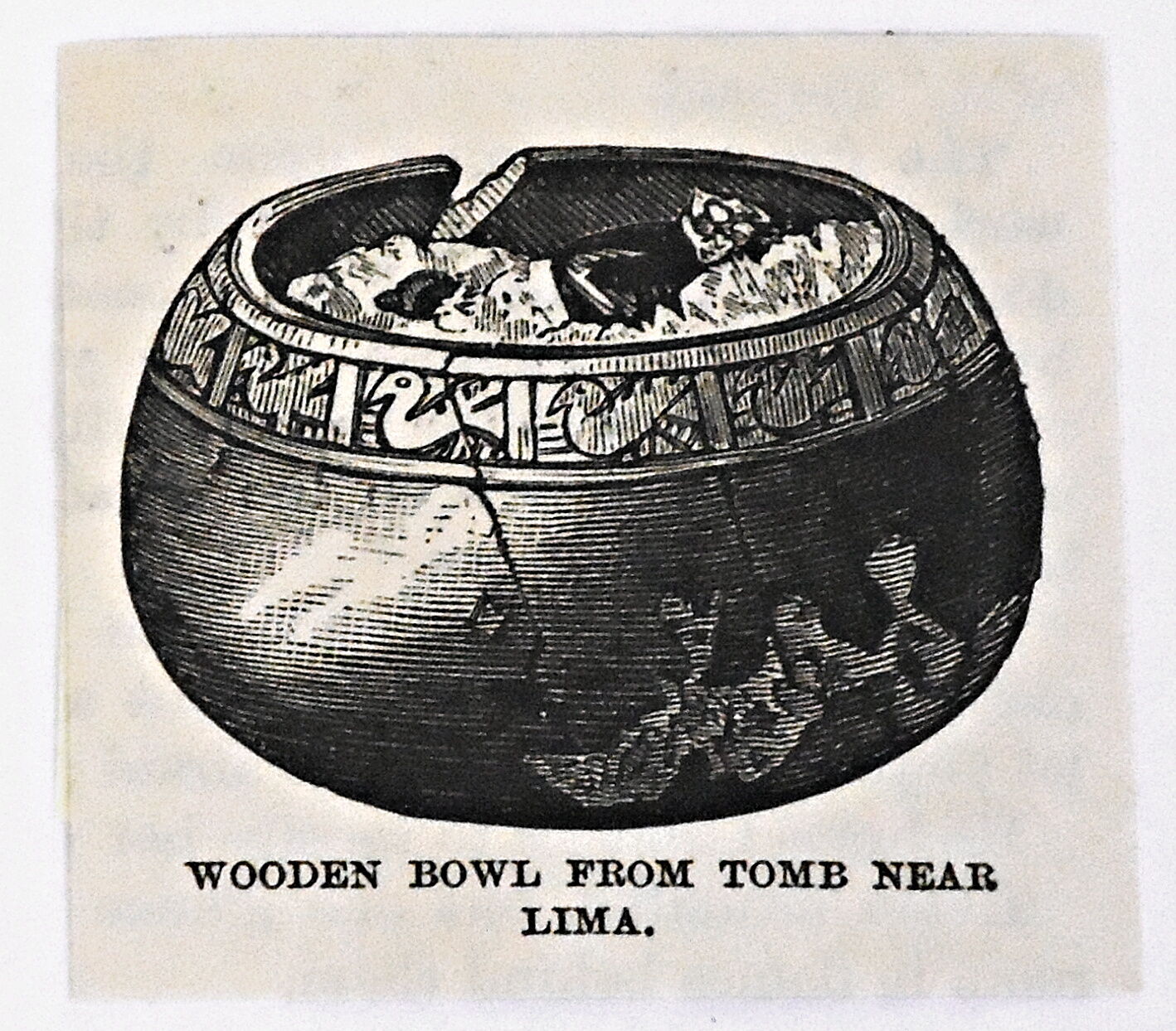 small 1883 magazine engraving ~ WOODEN BOWL FROM TOMB NEAR LIMA, Peru