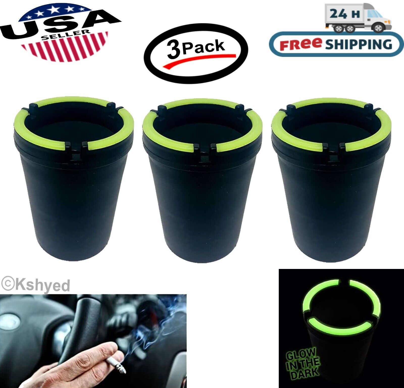 Glow in Dark Butt Bucket Ashtray Cigarette Extinguishing Cup Car Holder (3 Pack)