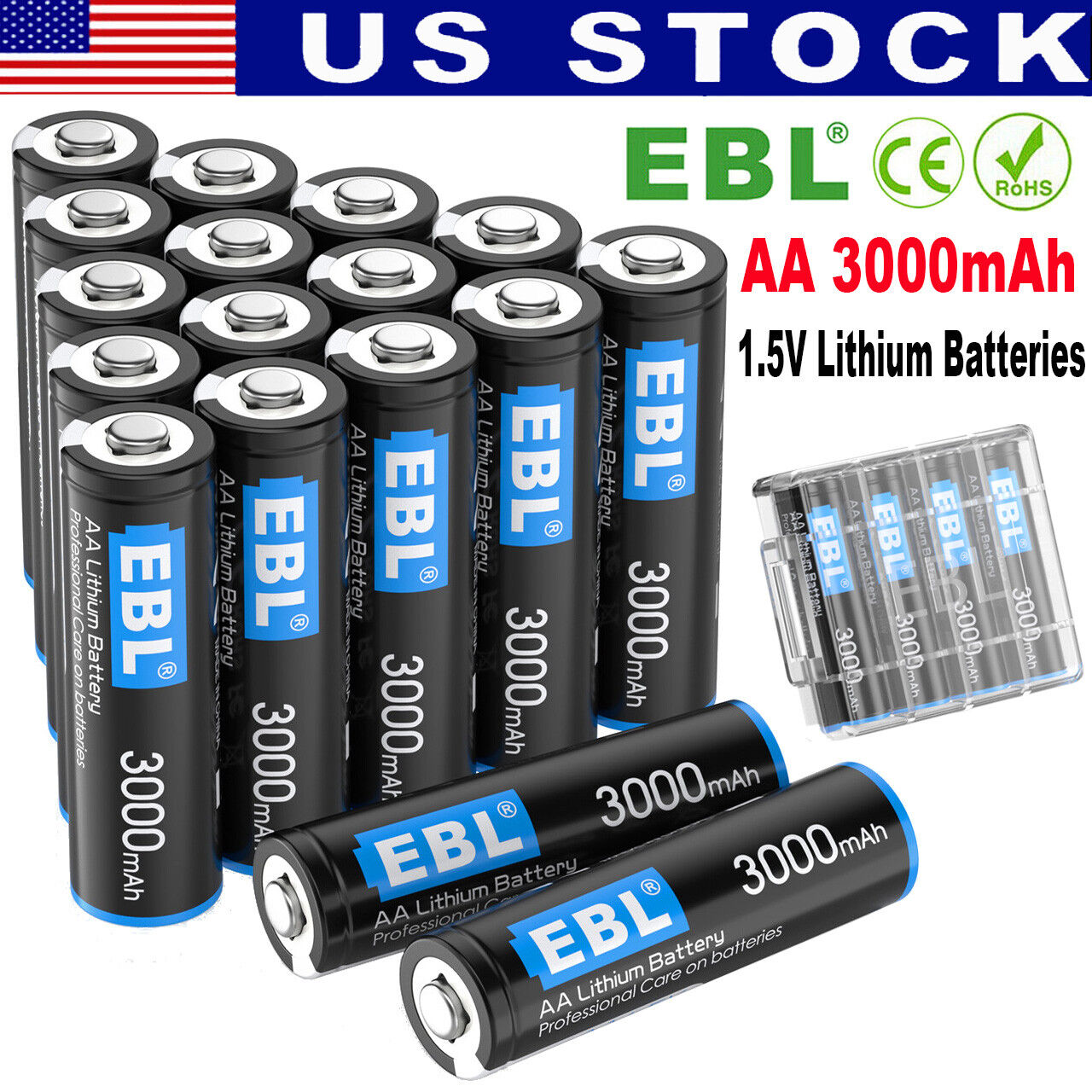 Lot EBL 3000mAh 1.5V AA Lithium Batteries Constant Volt Double A Battery USA