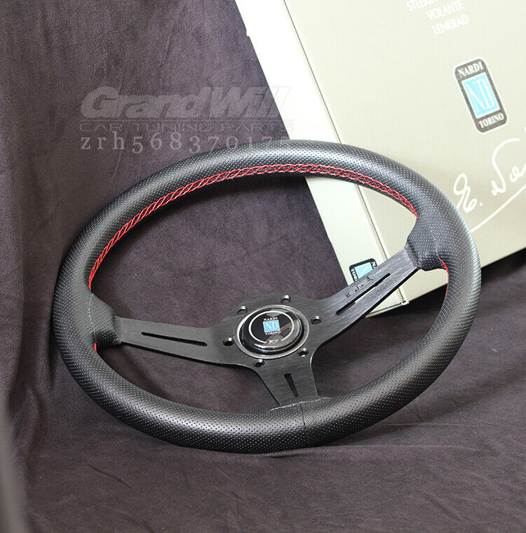 NARDI 350MM Mid-deep Perforated Leather Black Spoke Racing Sport Steering Wheel