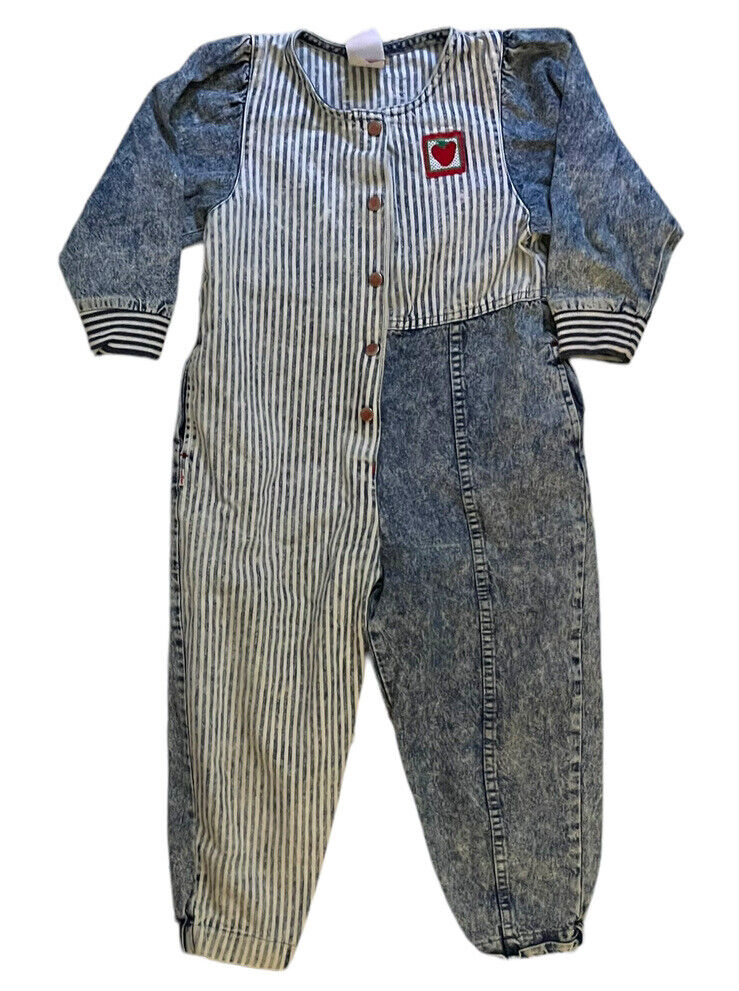 Vintage Little Levis Sz 5 Strawberry Acid Wash Denim Romper Girls Jumpsuit RARE
