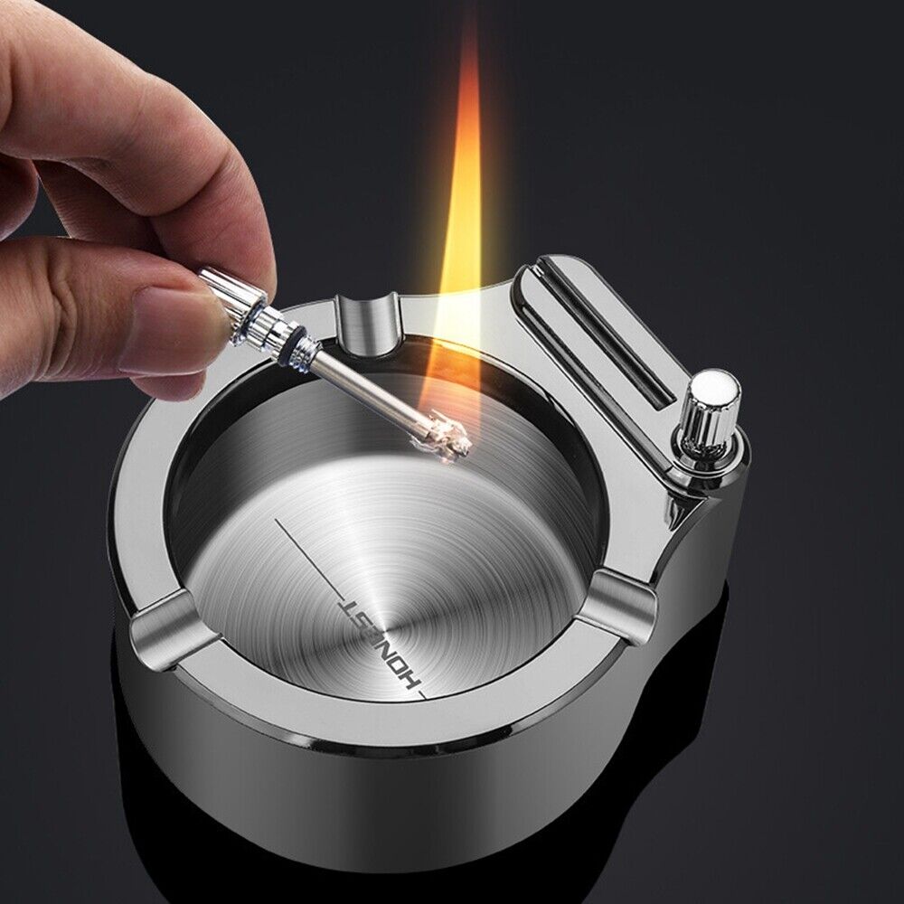 Retro Decorative Metal Ashtray Cigarette Flint Kerosene Refillable Lighter Black