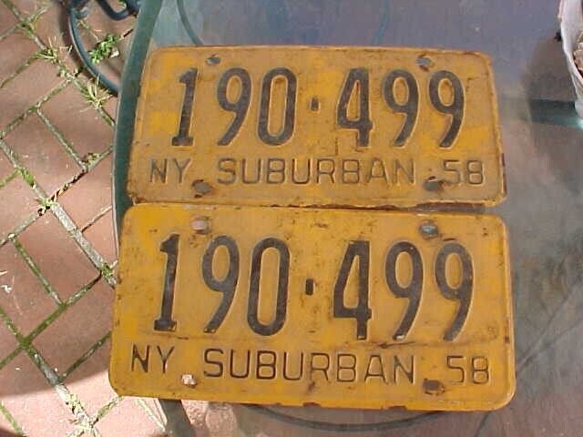 1958 NY STATE LICENSE PLATES MATCHING PAIR SUBURBAN #190-499 GC