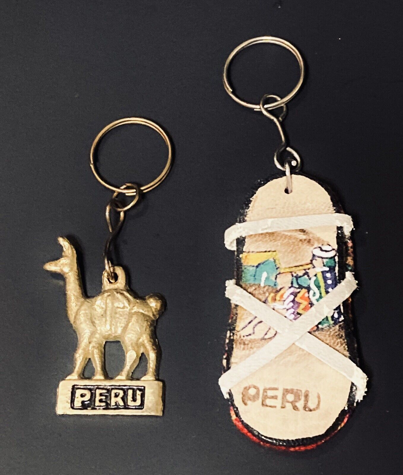 Souvenir Peru Key Chains Set Of 2 Metal Brass Llama & Peruvian Cloth Sandal