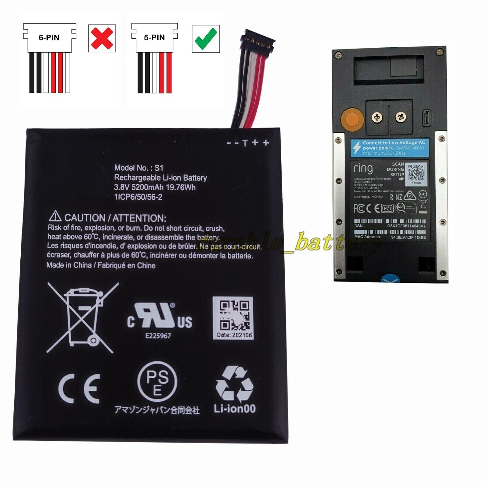 5200mah New Battery For Ring Video Doorbell 2nd Gen Cam 1080p 2020 Release