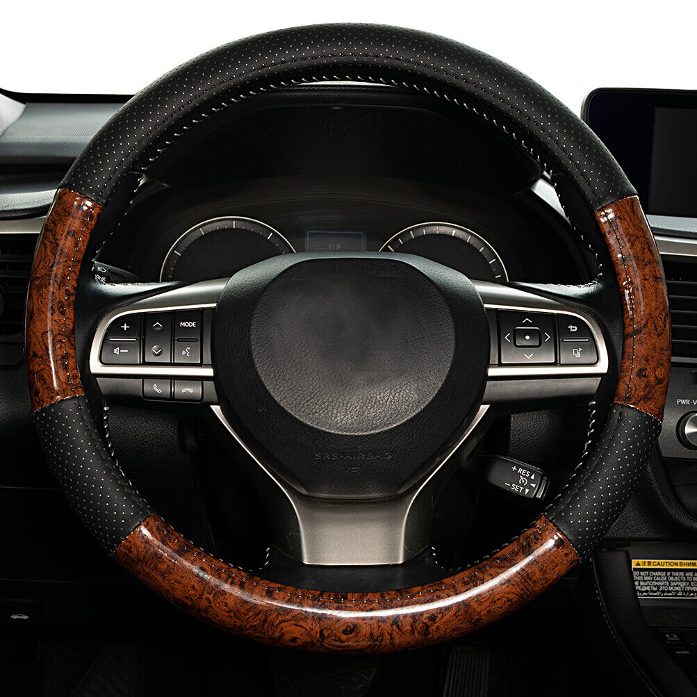 Wood Grain Car Steering Wheel Cover Leather Breathable Non Slip Accessories US