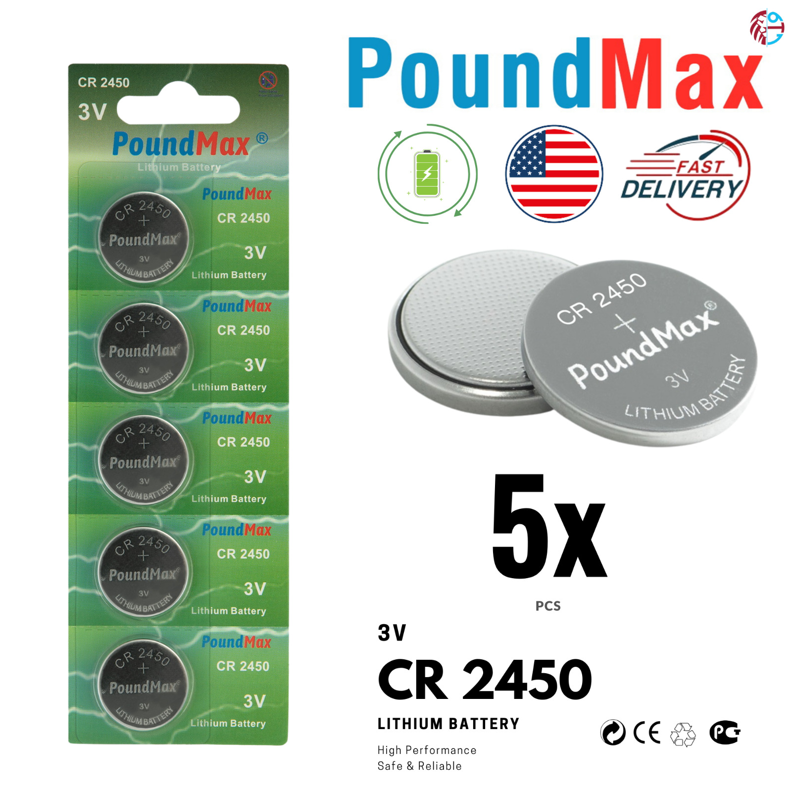 PoundMax CR2450 Batteries 3v Lithium Button Cell Battery Combo Pack - 5 Count