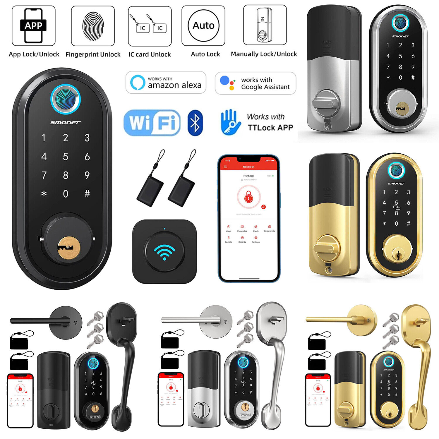 SMONET WiFi Smart Door Lock Set Fingerprint Keyless Entry Door Lock with Handles