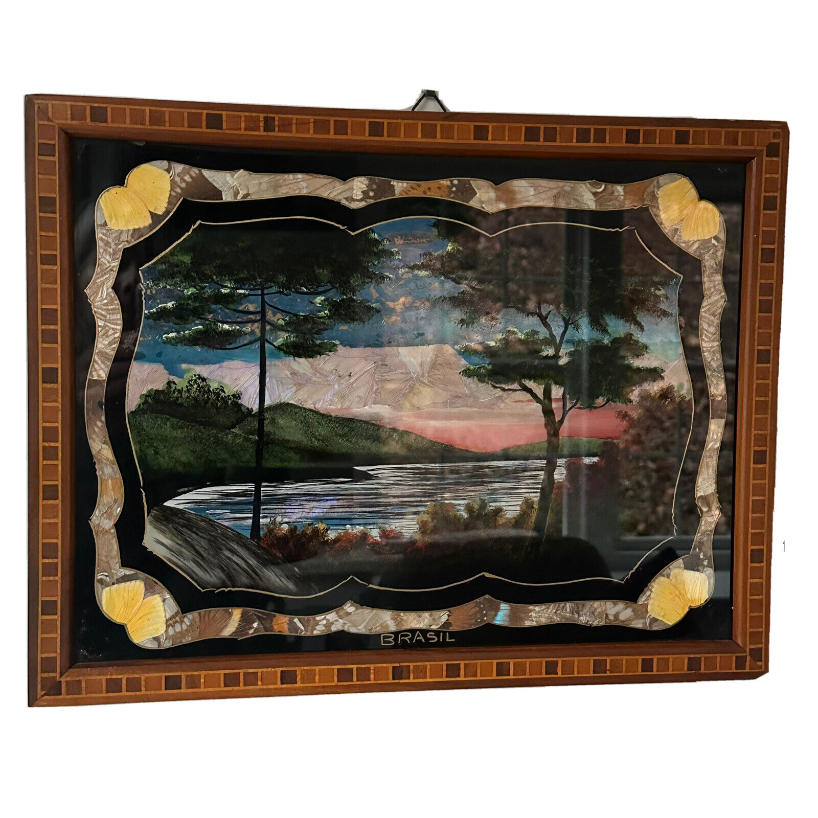 Vtg Butterfly Wing Wood Inlay Wall Art Rio De Janeiro Brazil Tropics Scene