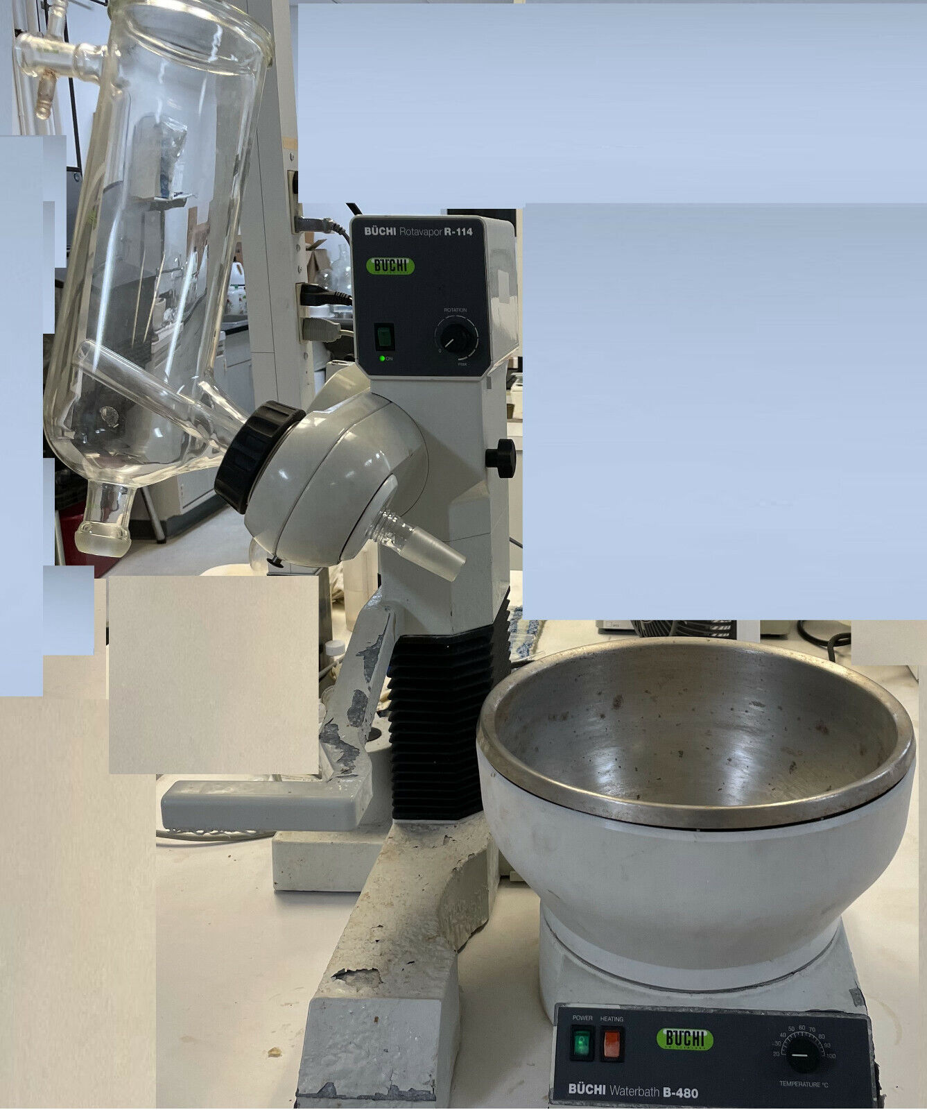 Buchi R-114 Rotavapor Lab Rotary Evaporator with B-480 Water Bath and Vapor Duct