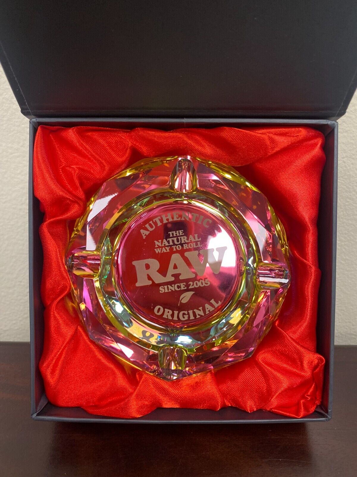 RAW Crystal RAINBOW GLASS Round Beveled Ashtray New in Box