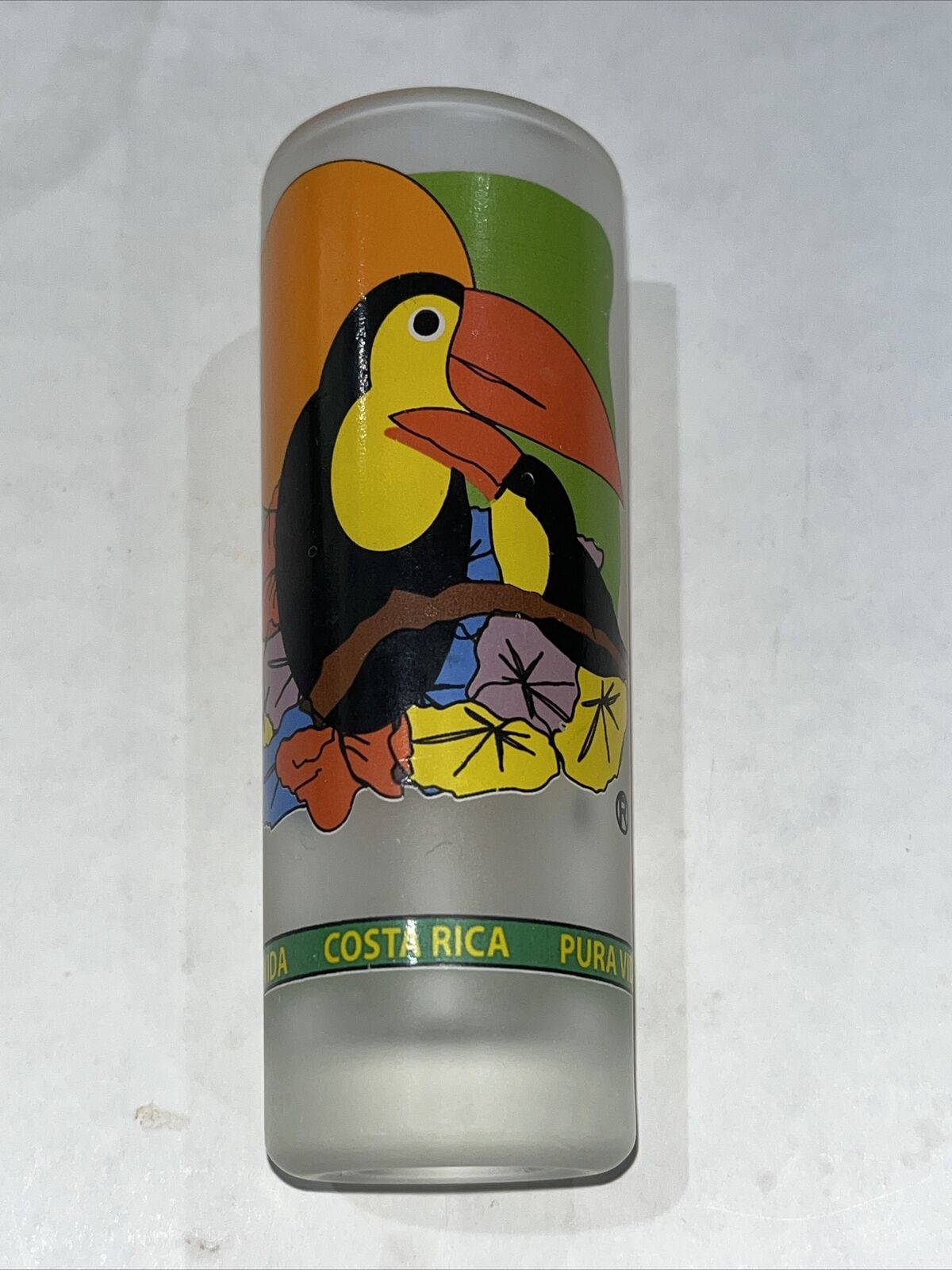 Costa Rica souvenir shot glass -very colorful design- frosted glass-Bird -NWOT