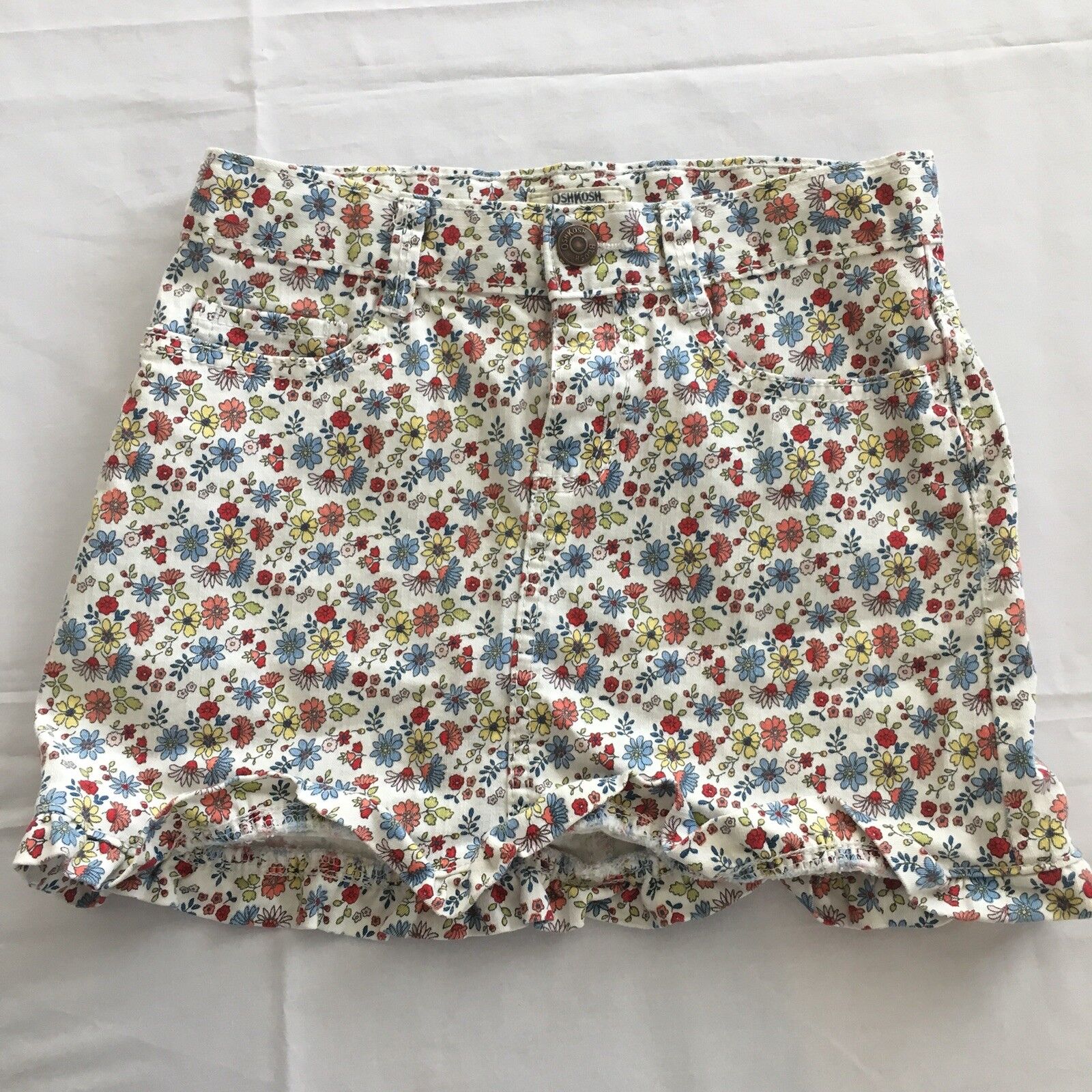 Vintage Osh Kosh Denim Jean Skirt Girls Sz 10 Pink White Floral Ruffle W Pockets