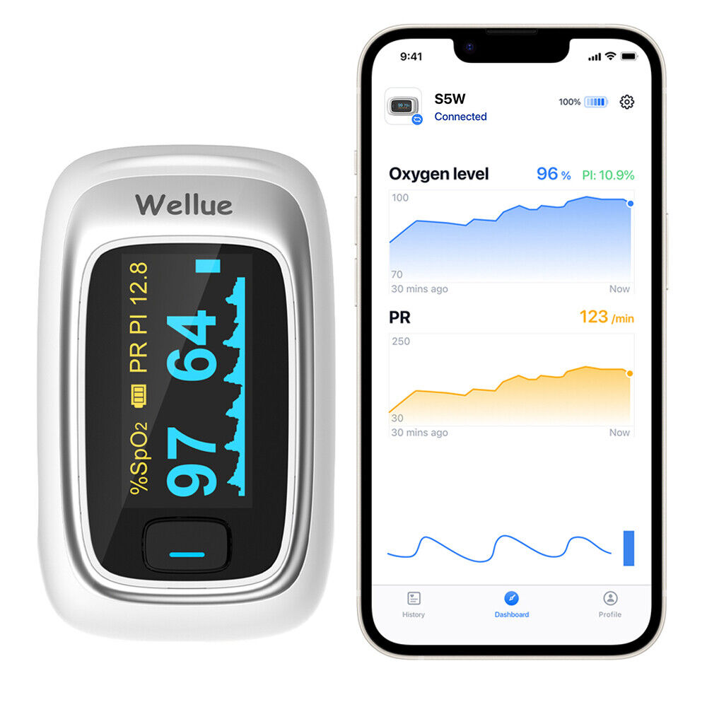 Fingertip Pulse Oximeter Bluetooth Finger Oxygen Monitor HR PI Monitor Smart App