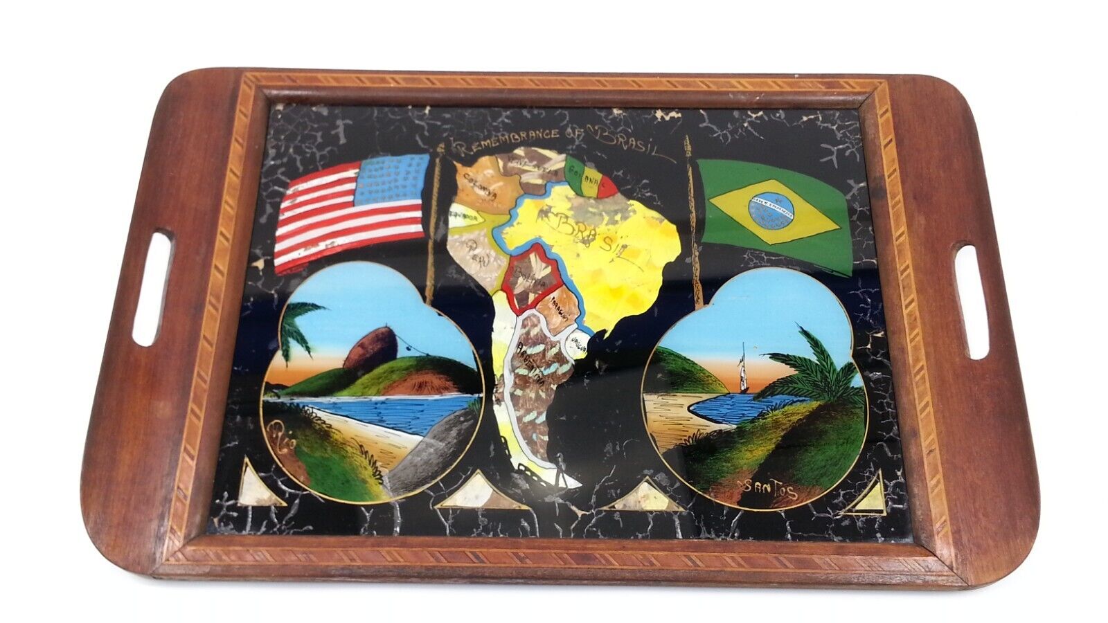 Vintage Remembrance Of Brazil Butterfly Wing Souvenir Tray Santos Rio