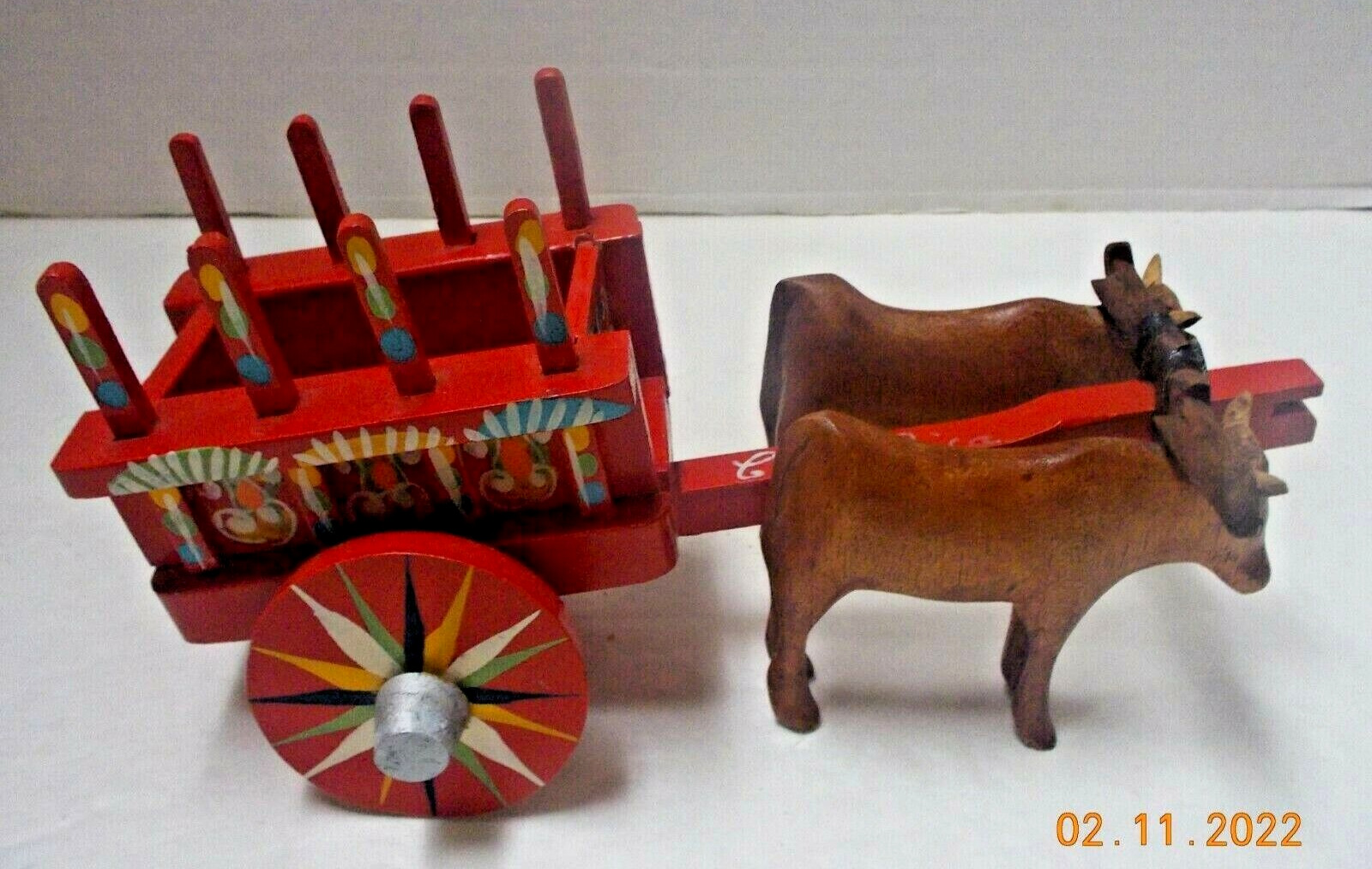 Vintage WOOD CARVED OX BULLS & WAGON SCULPTURE 8