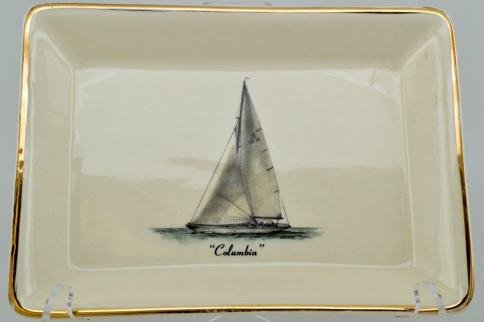 Vintage Columbia Sailboat Delano Studios 1962 Hand Colored Trinket Dish Tray