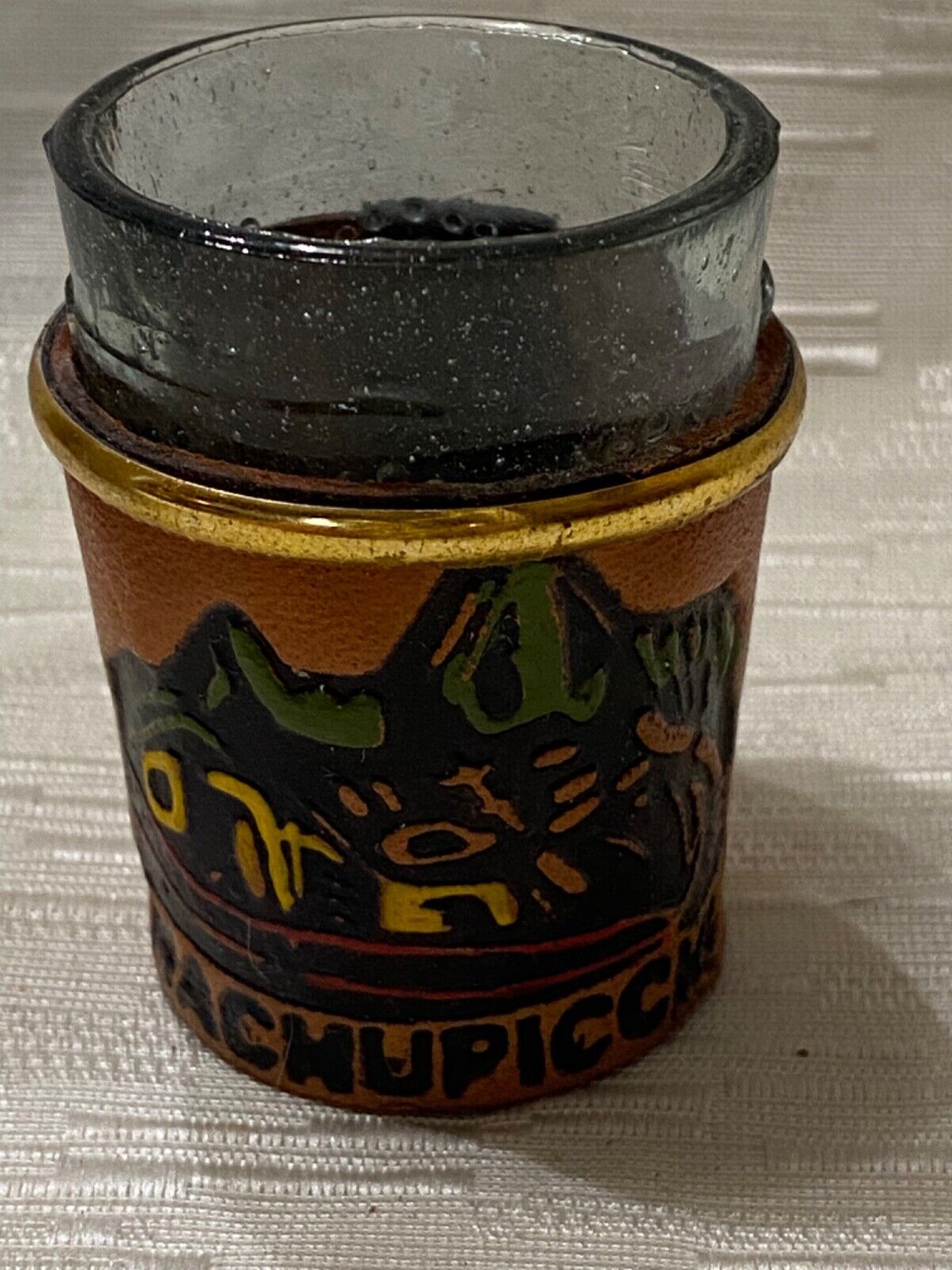 Artisan PERU Cusco Shot Glass Leather Cover Machu Picchu