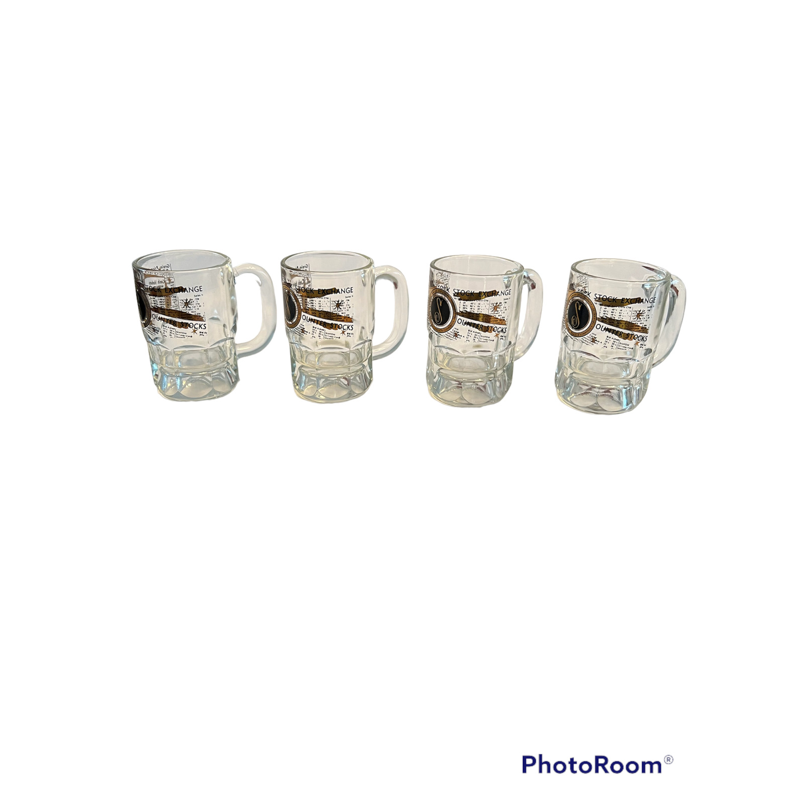 4 Vintage NYSE New York Stock Exchange Beer Mugs Glasses Gold Black Barware MCM
