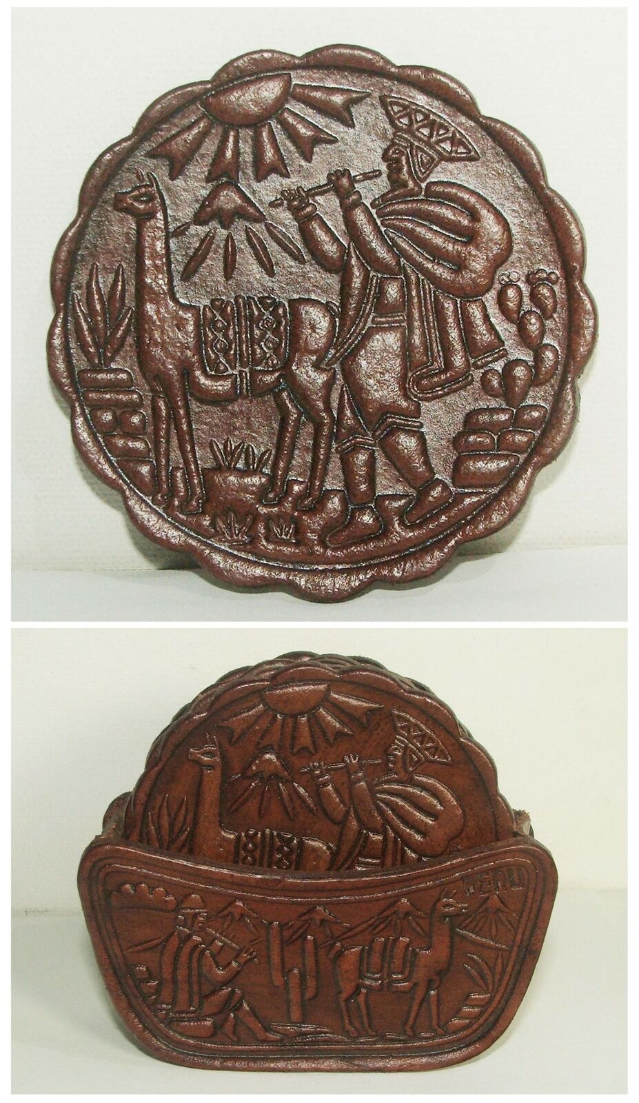 Peru Inca Alpaca Llama Quena Flute Souvenir Leather Coasters & Holder EUC