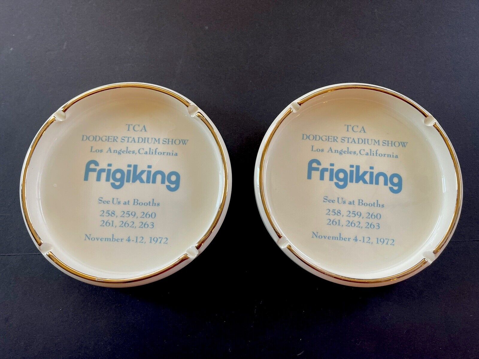 2 - Vintage 1972 Frigiking Advertising Ashtray TCA Dodger Stadium Show LA, CA