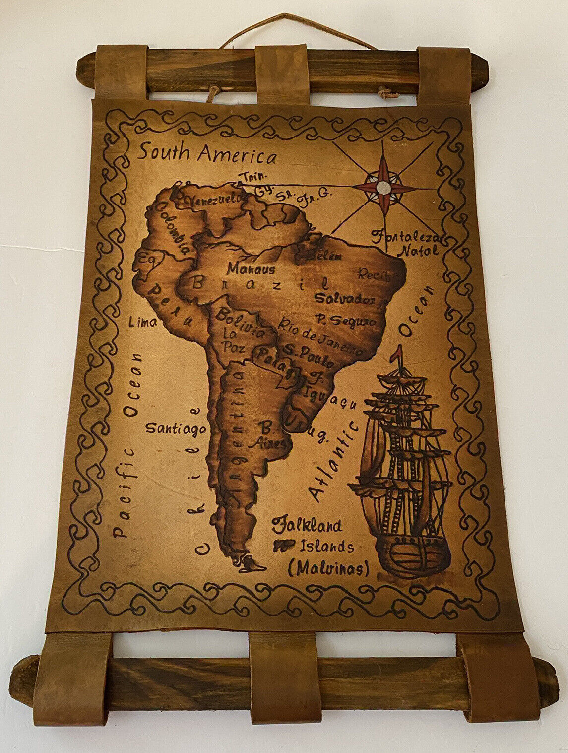 Leather Map Of South America Scroll Wall Hanging W/Wooden Dowels Artist Signed