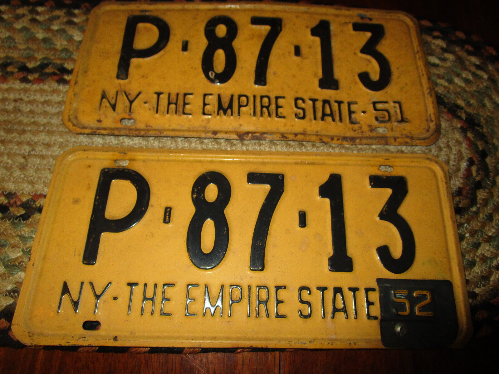 Vintage Set of  New York License Plates Empire State 1951 and 1952 corner tab