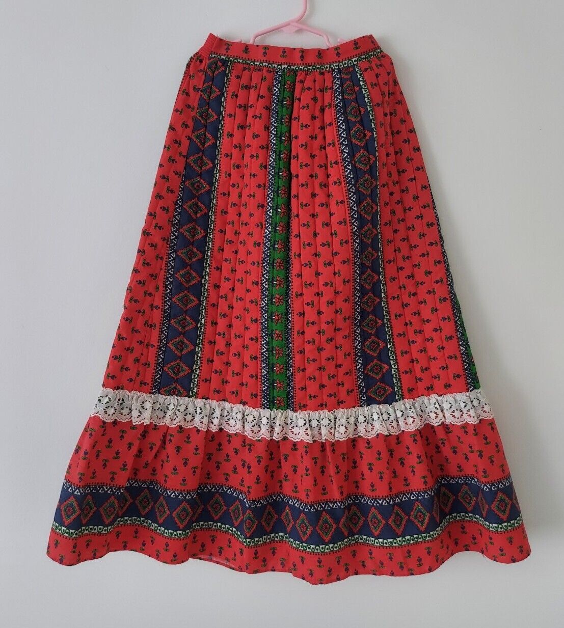 VTG 70's Girls Her Majesty Quilted Folk Art Maxi Skirt Floral Print Lace Size 8