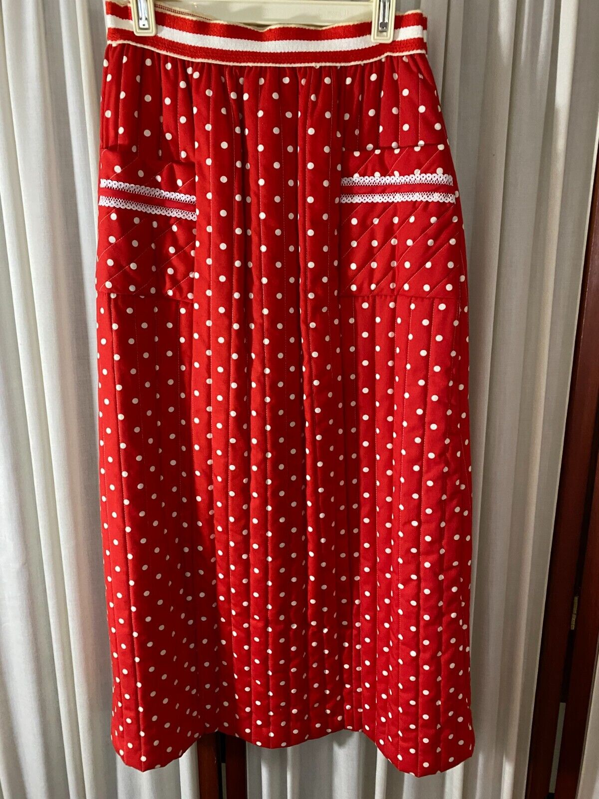 1970s Girls Quilted Maxi/Long Skirt- M/L-Her Majesty-Red w/White Polka Dots