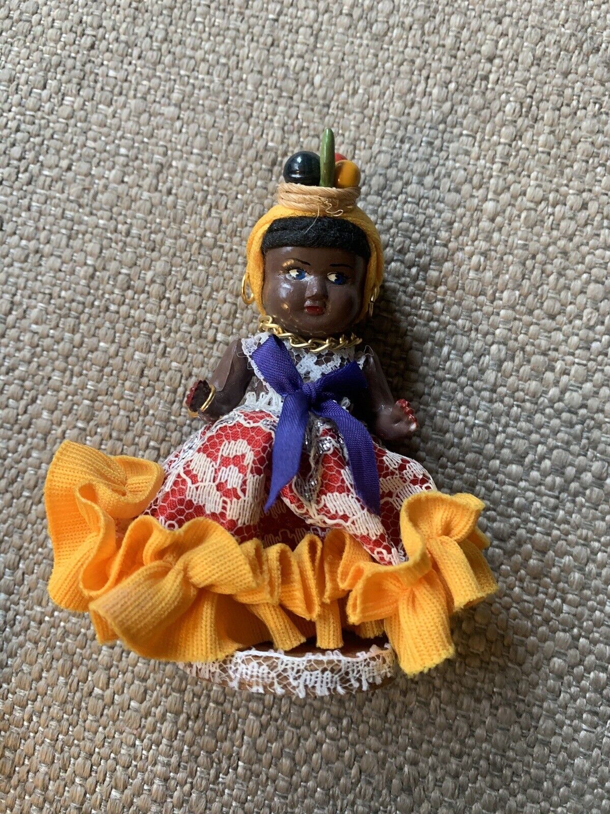 Brazilian lady doll figurine vintage Moveable arms fruit headdress Wooden Stand