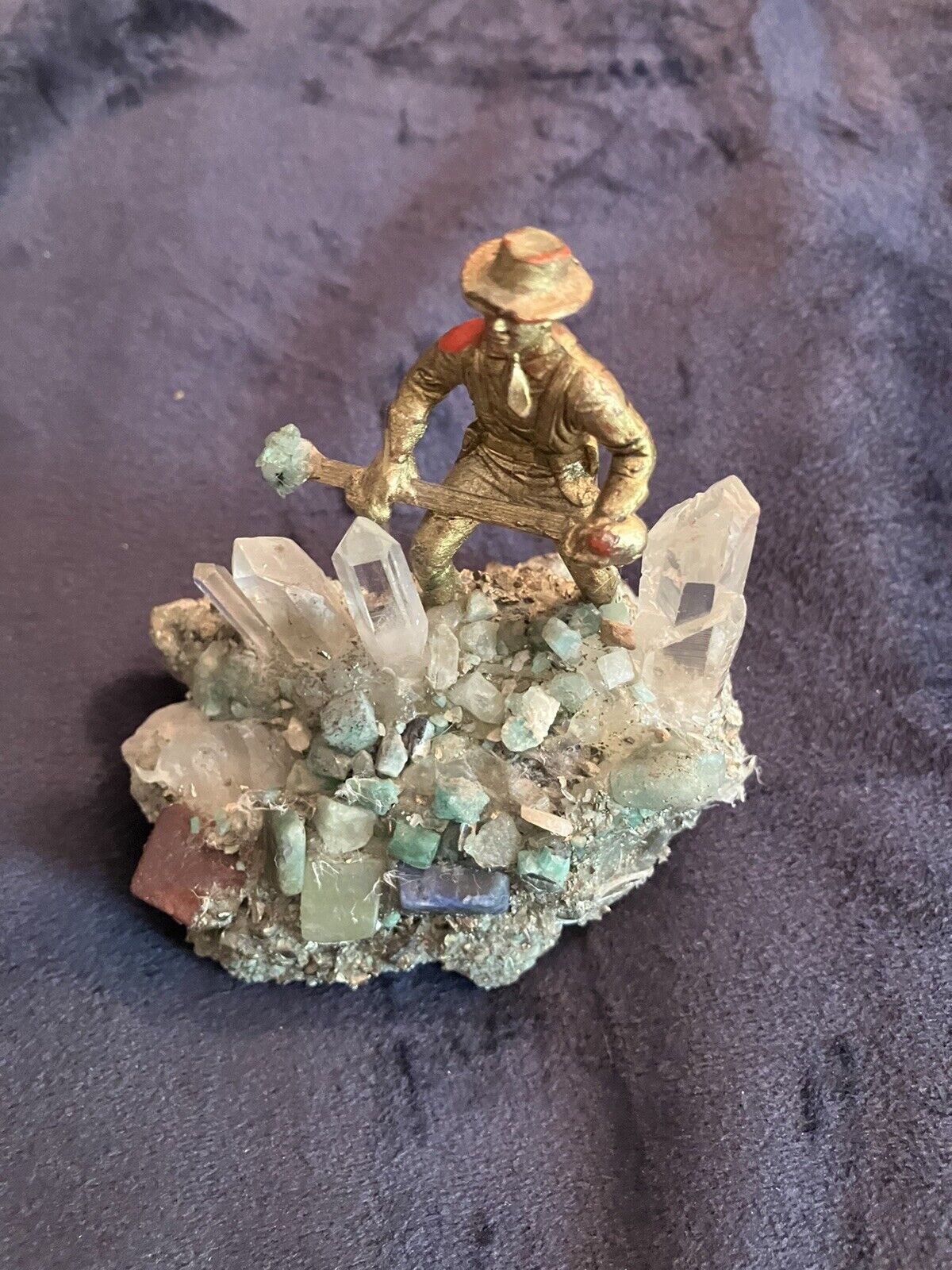 COLUMBIAN EMERALD MINER  Figure with real crystals and pyrite.