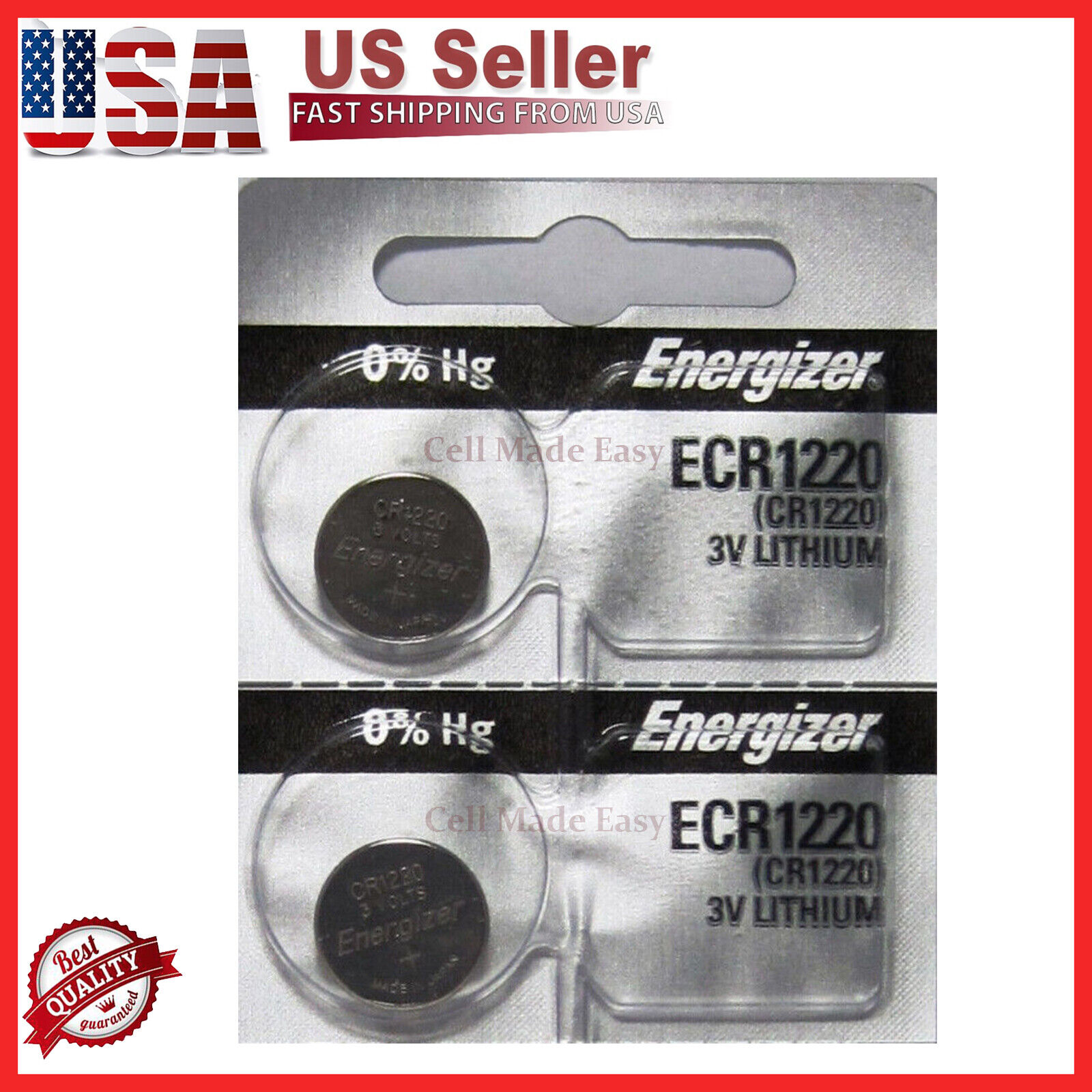 2 piece Energizer ECR1220 CR1220 DL1220 Lithium 3V1220 Coin Cell Battery BR1220