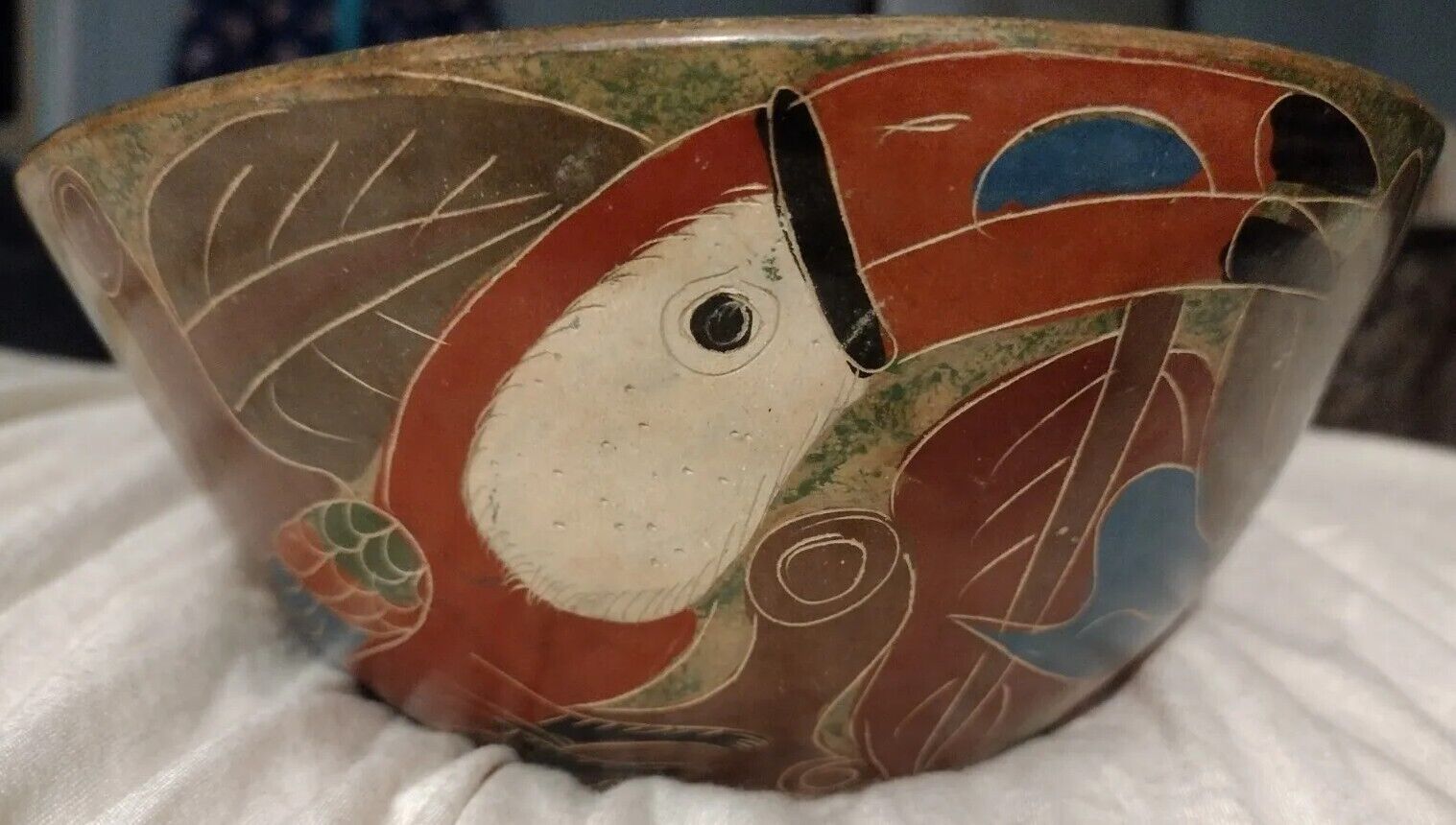 Vintage Samir Nicoya Costa Rican Folk Art Signed Pottery Bowl Sloth Flower Bird