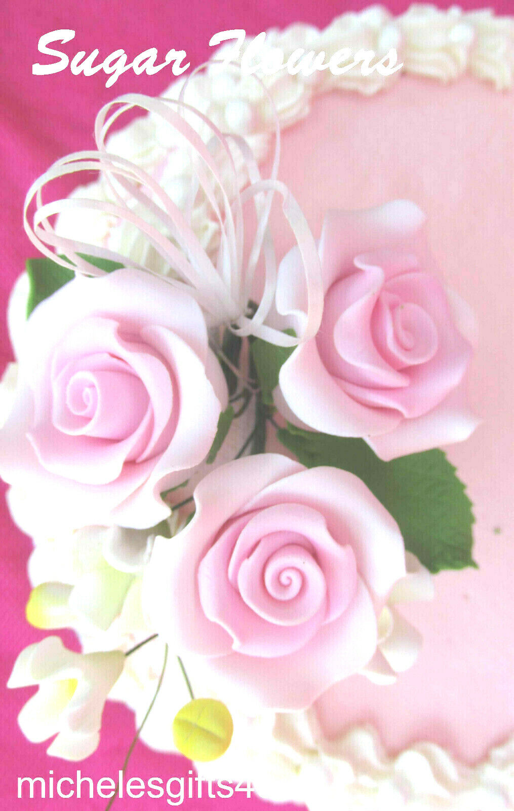Gum Paste Sugar Pastel Pink Roses Rosebuds Leaves & Ribbon Cake Flowers