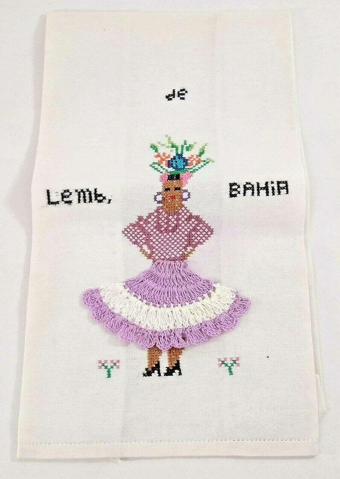 Vintage Brazil Salvador Embroidered Kitchen Towel Bahia Carnival Dancer Linen