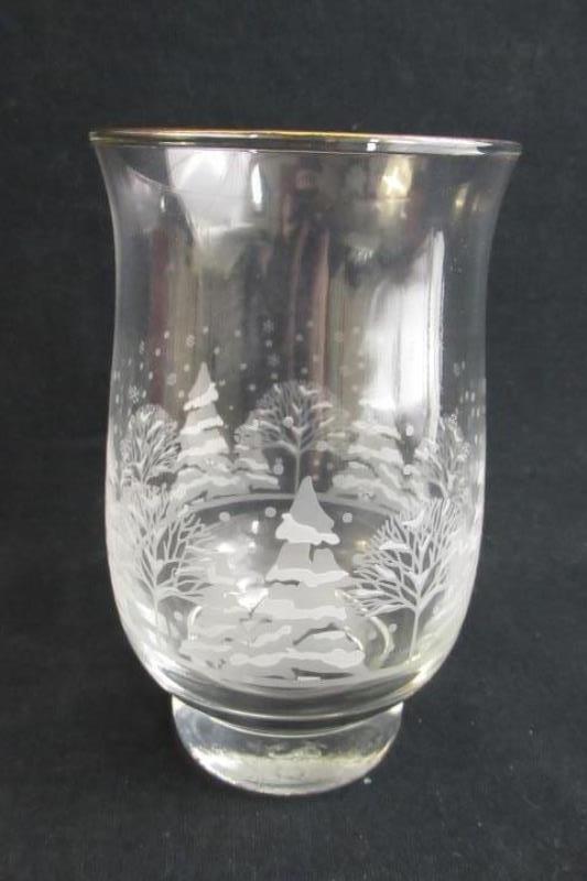 Vintage Libbey Arby's Holiday Tulip Glass Etched Trees Gold Trim Winter 1980s