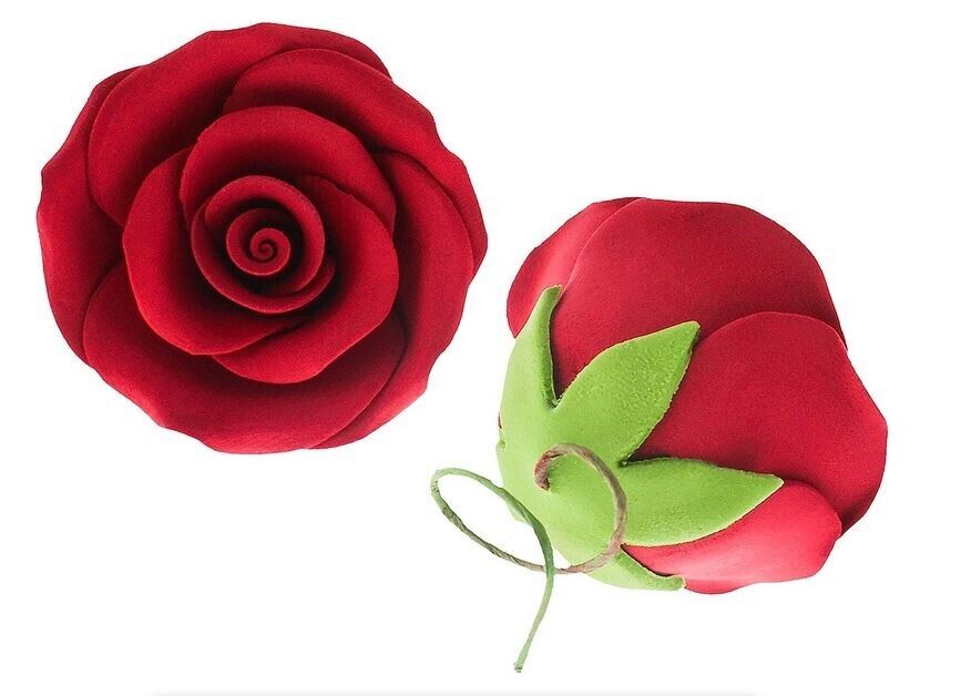 Red Tea Rose Sugar Cake Flowers with Green Calyx, Medium Wired 1.75 in, 10 Count