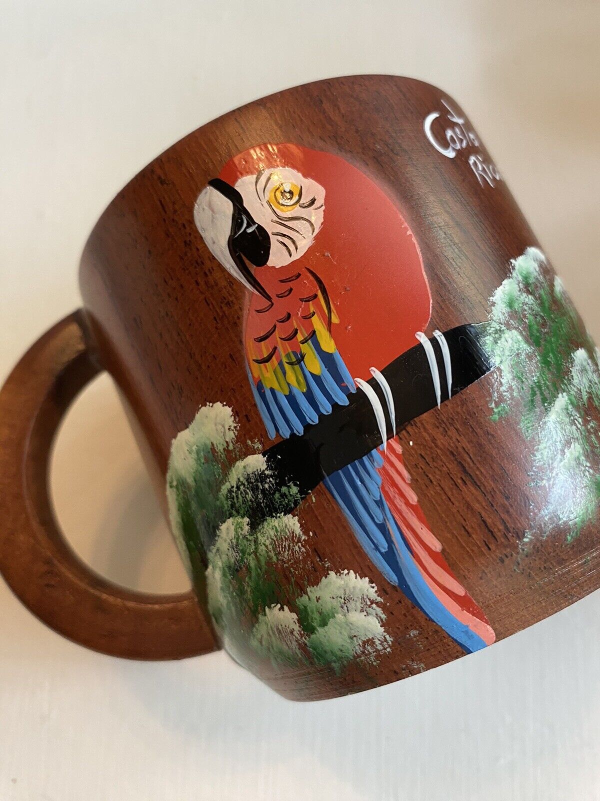 Costa Rica Hand Painted Tropical Exotic Parrot Bird Wood Coffee Cup Much Love