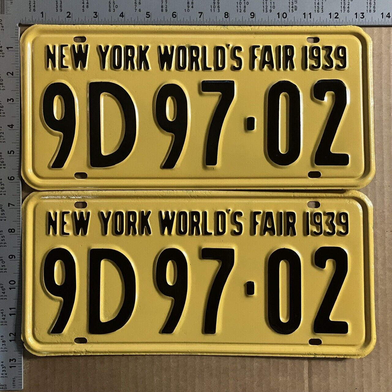 1939 New York license plate pair 9D 9702 YOM DMV clear Ford Chevy Dodge 6545