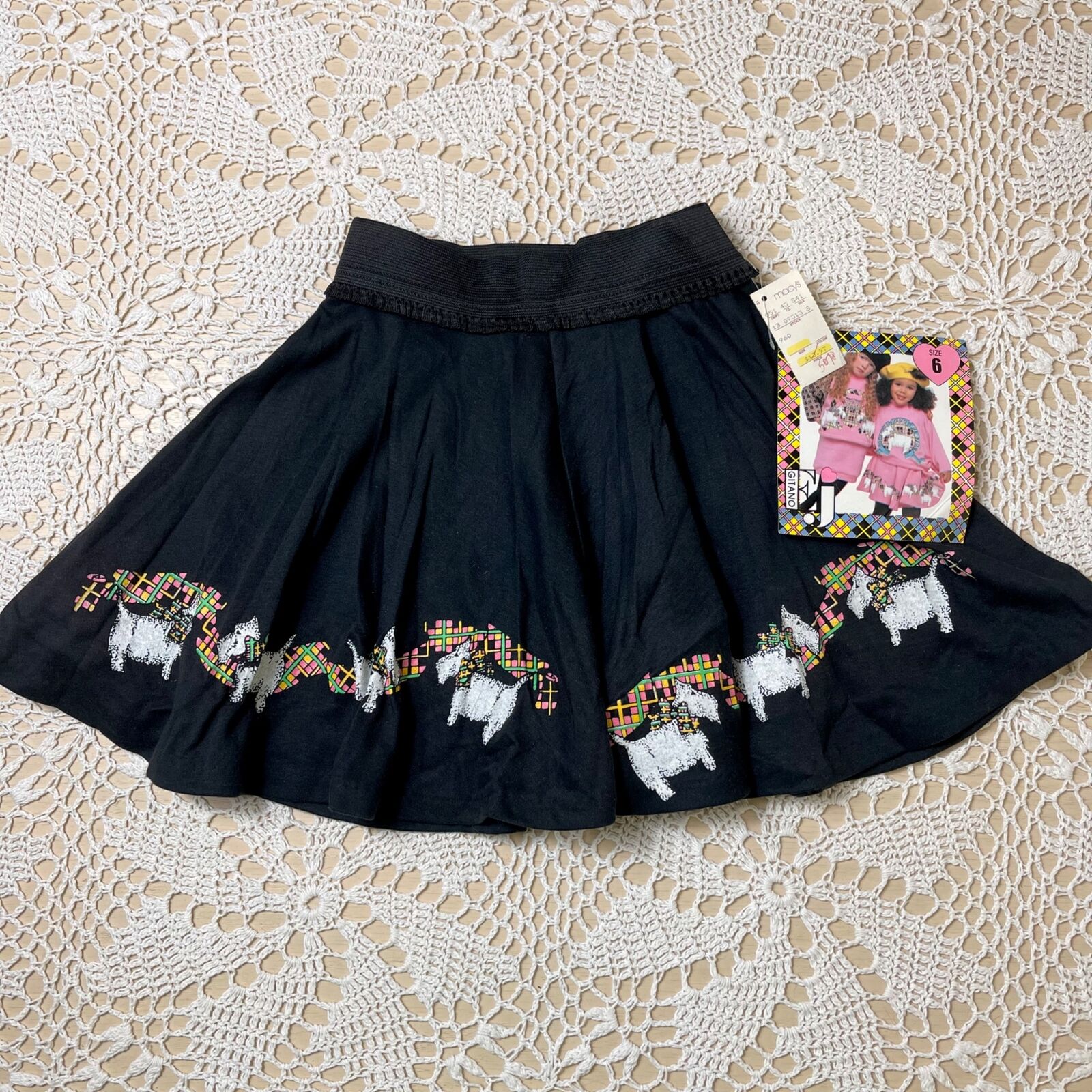 Vintage 1980s NWT Gitano Girls 6 Black Twirly Terrier Border Hem Skirt