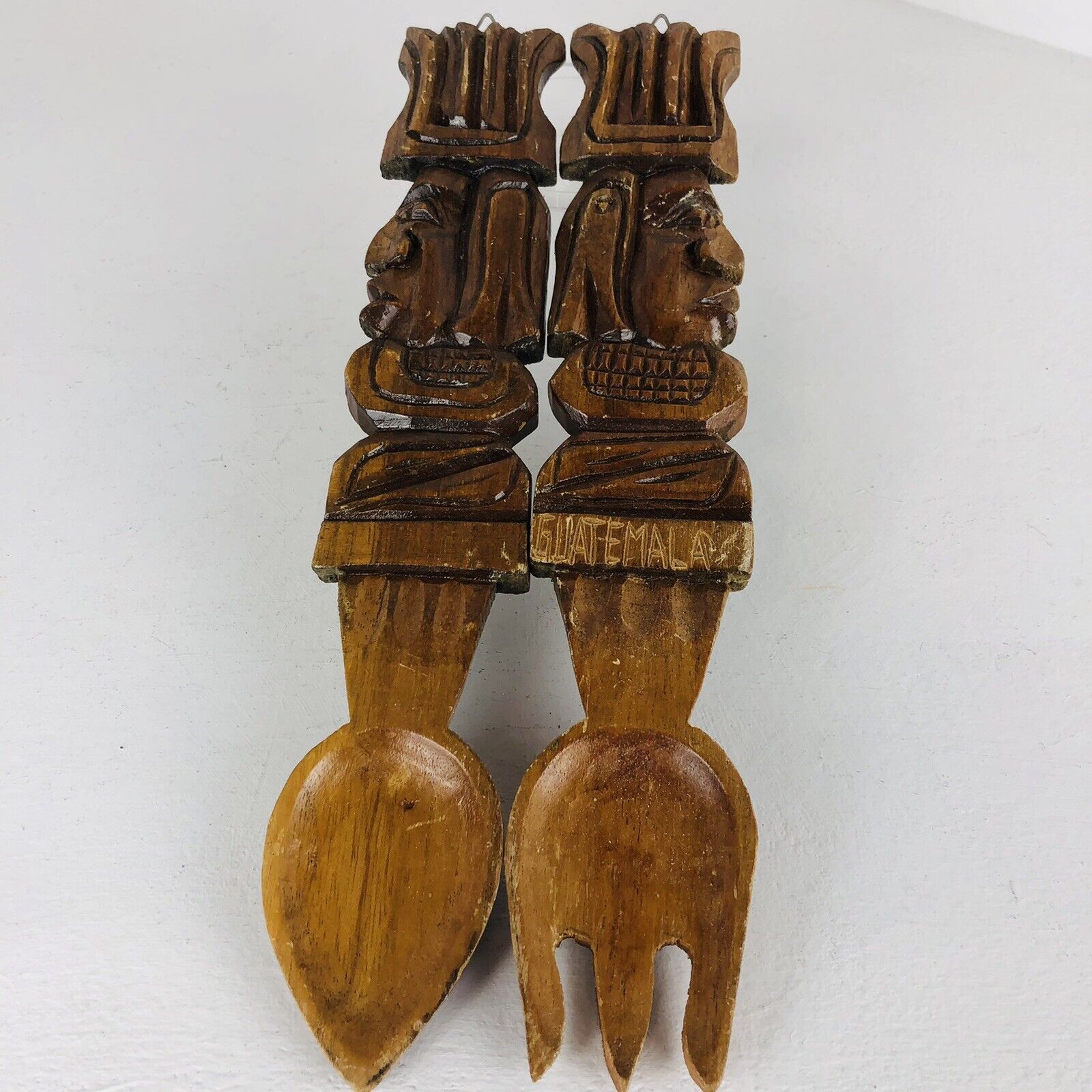 Handmade Carved Wood Serving Salad Utensil Spoon Fork Tribal Folk Art Guatemala
