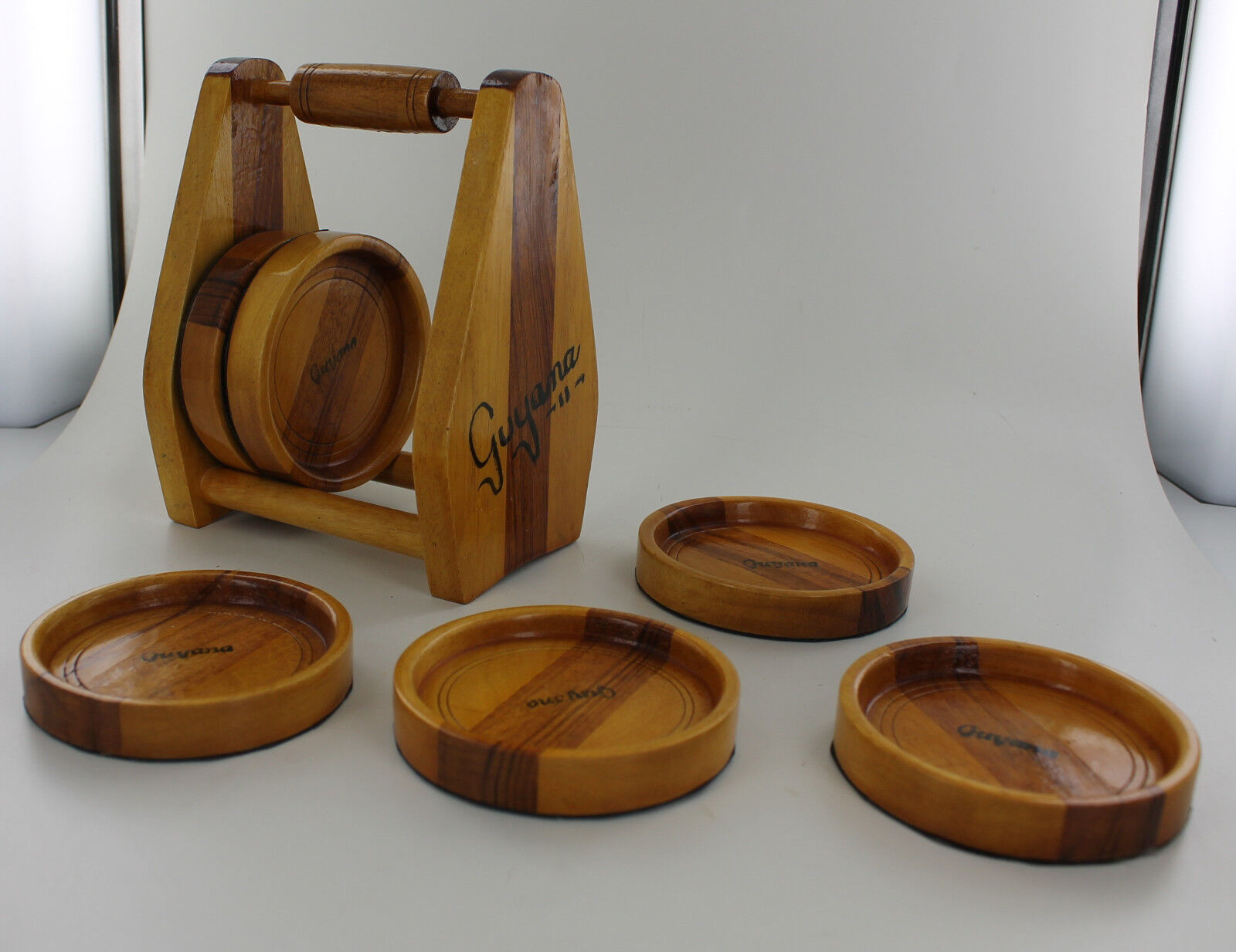 6 Wooden Wood Coasters in Holder Storage Rack  from Guyana