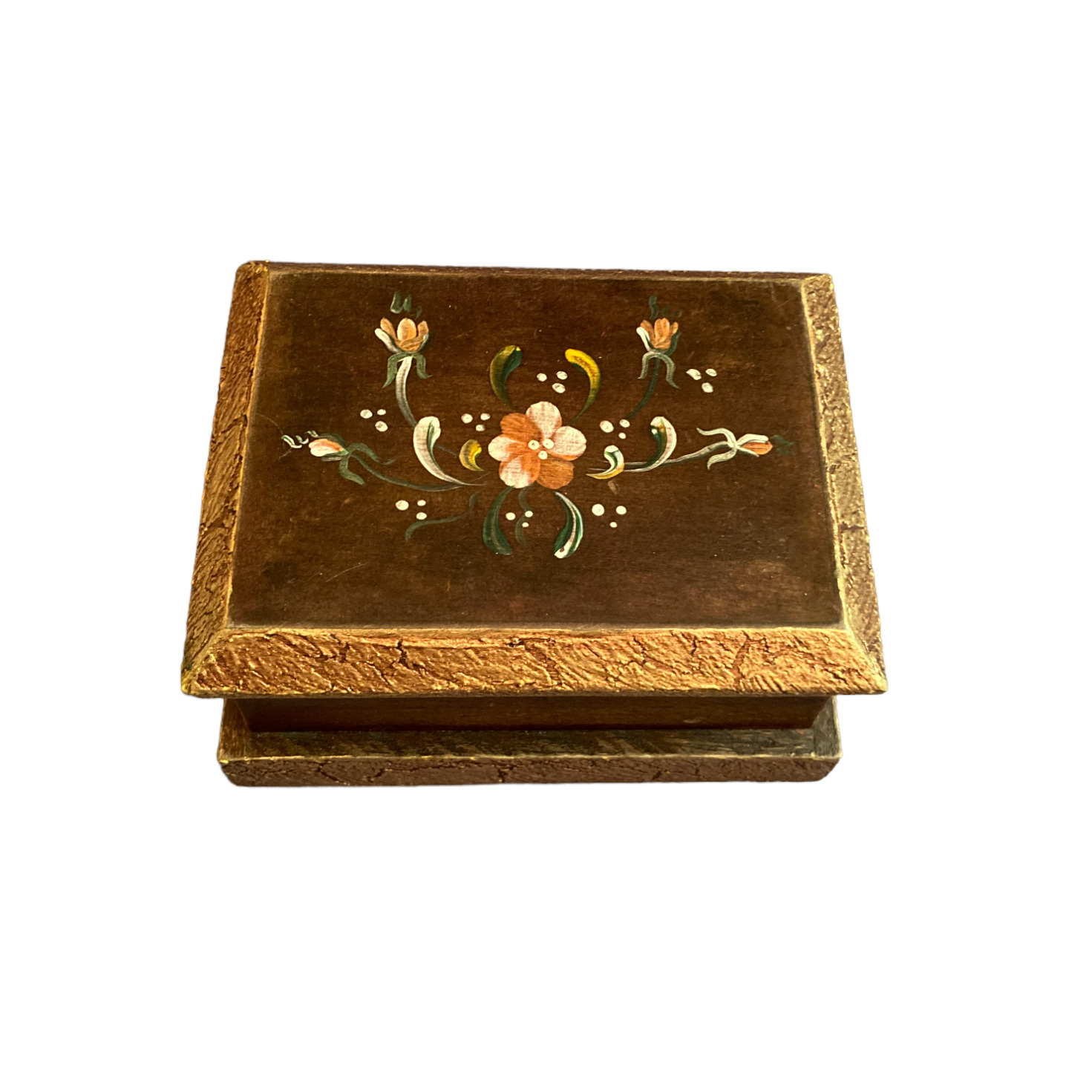 Wooden Hand Painted Trinket Box Made in Ecuador Brass & Leather Fasteners Floral
