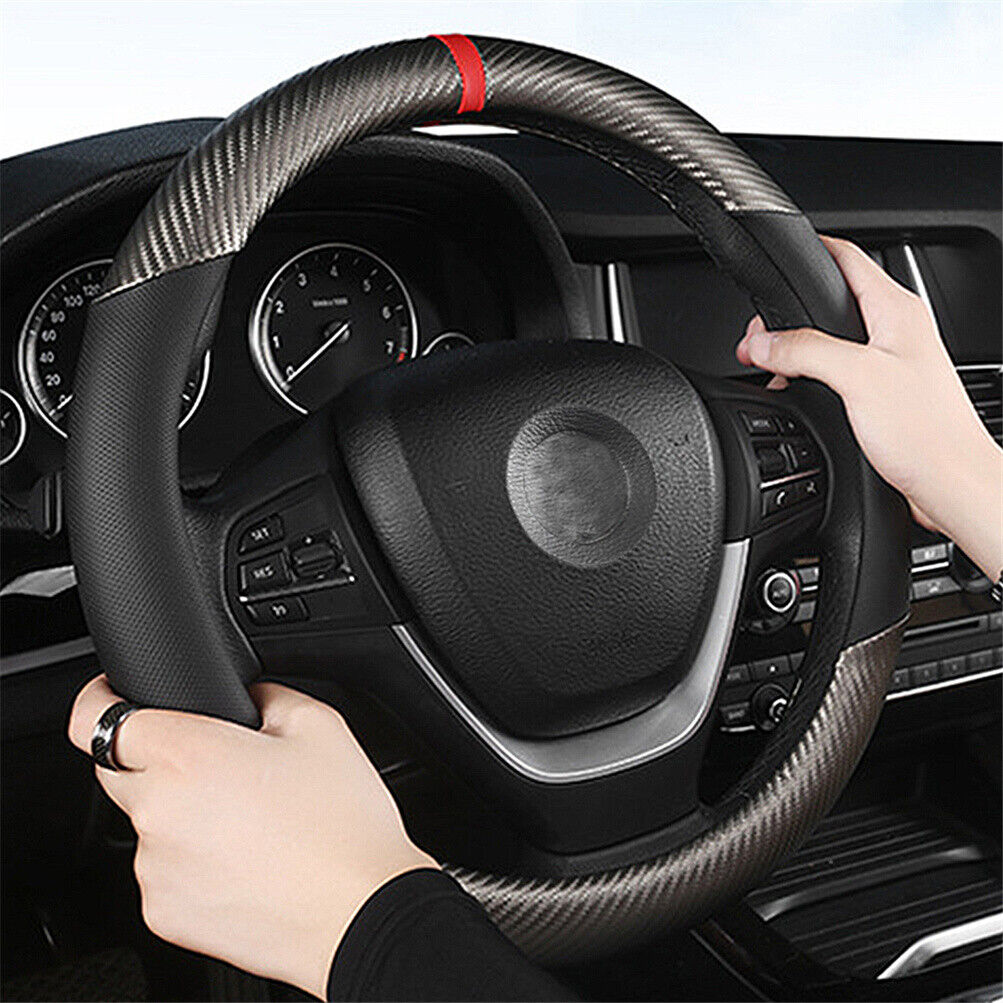 Car Steering Wheel Cover Carbon Black Leather Breathable Antislip CarAccessories