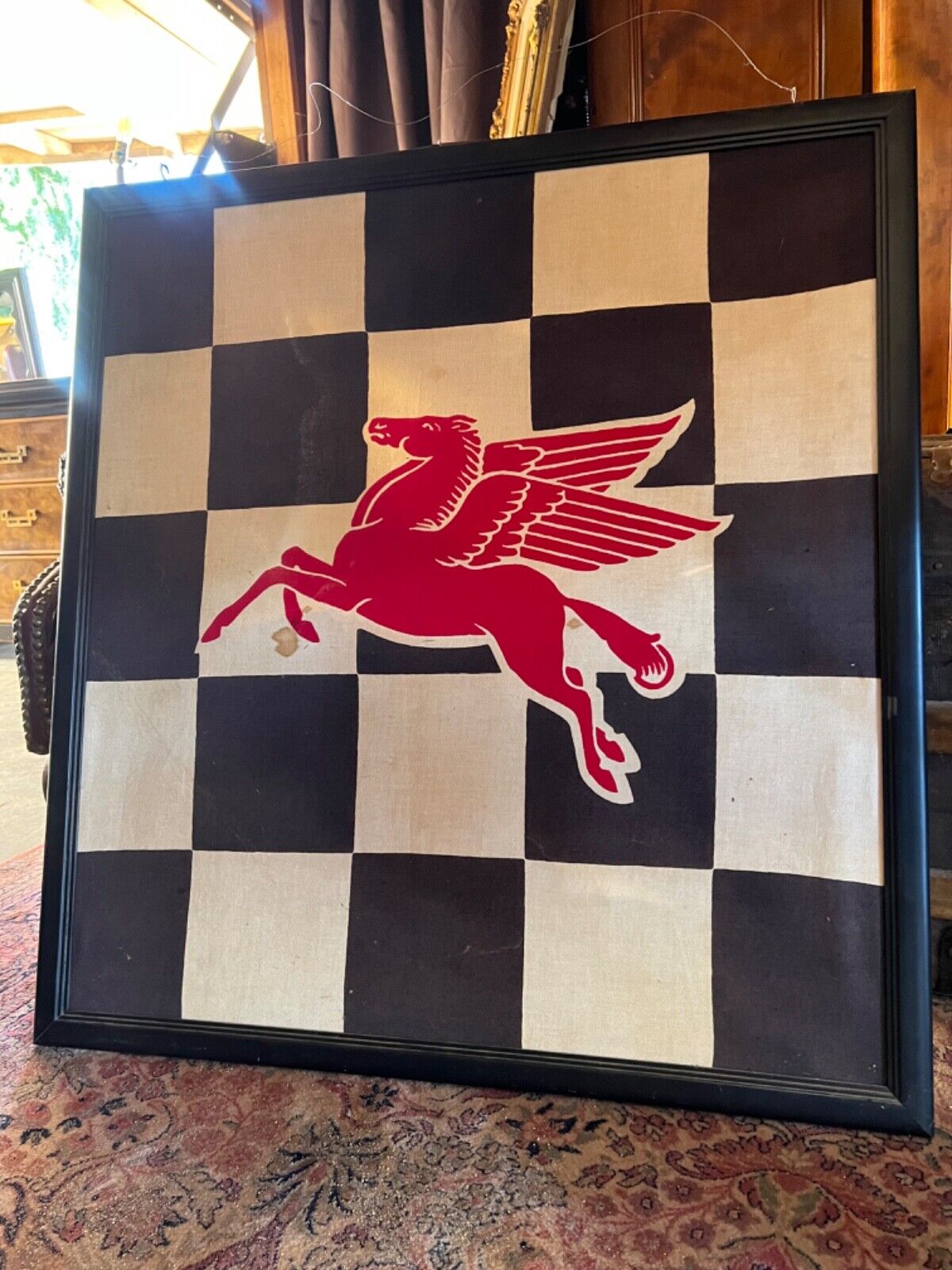 1940's 50's VINTAGE MOBIL OIL GAS PEGASUS WHT BLK CHECKER RACE FLAG BANNER 35x35