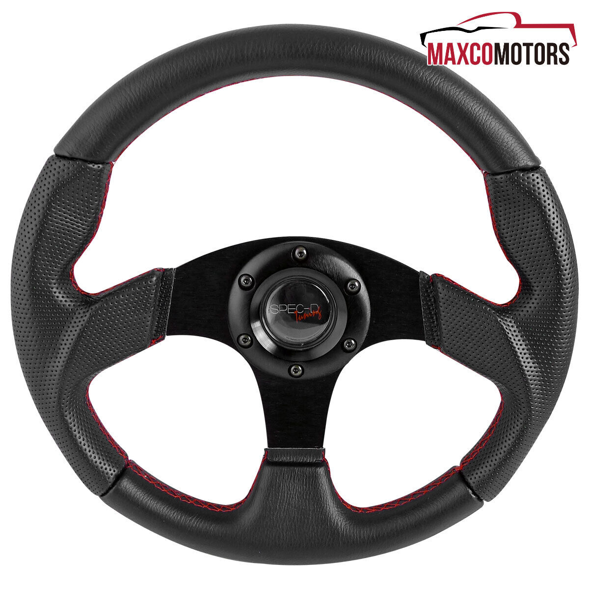 Steering Wheel Fits 320mm Black Leather 3-Spoke Red Stitches Racing+Horn Button